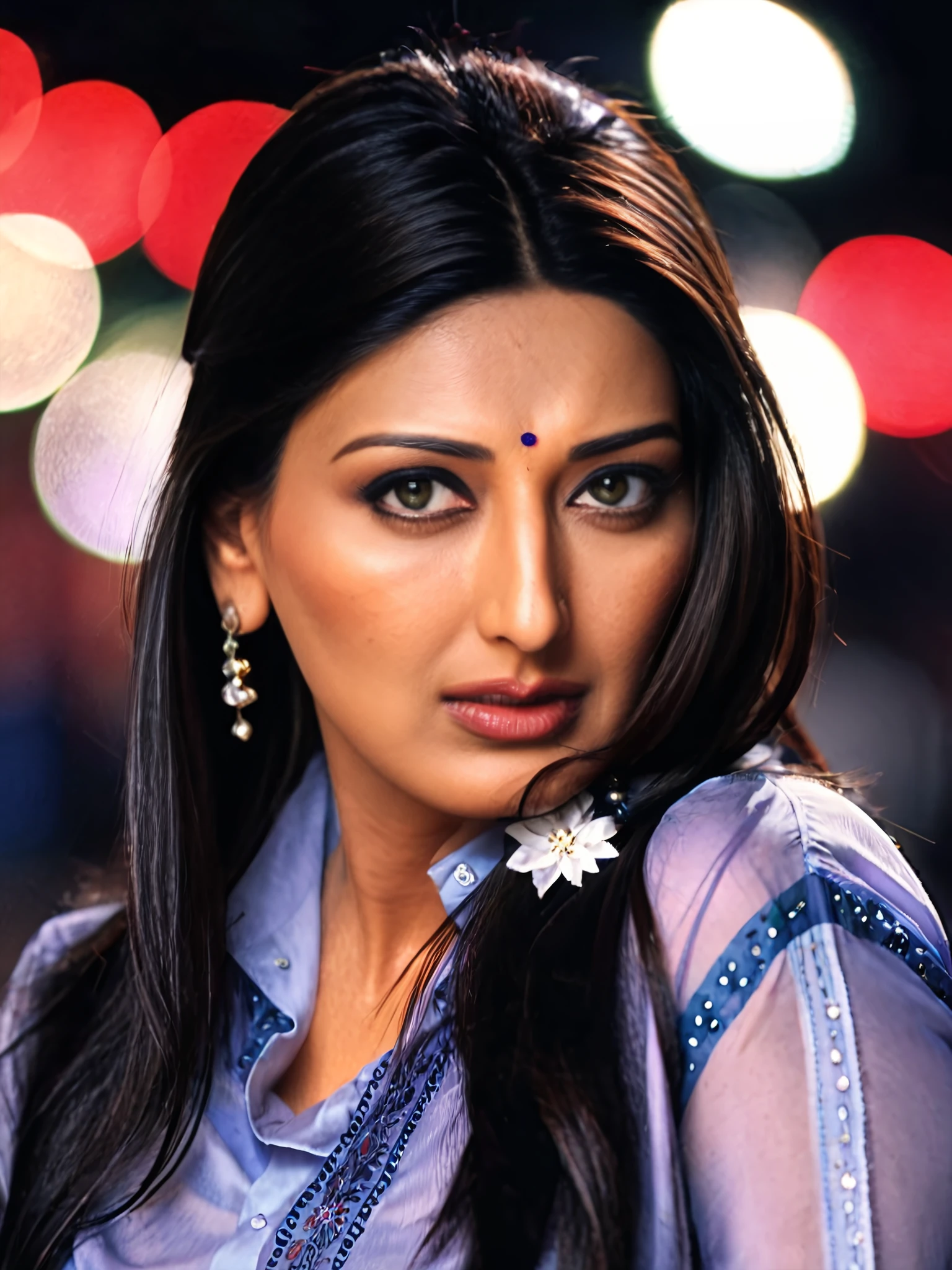 full body photo of sonali bendre woman, solo, tightly tied hair, serious look, looking at the camera,  Rose clothing, night time, contrasting background bokeh    <lora:Sonali_Bendre_SDXL_LoRA_prodigy_local:1>