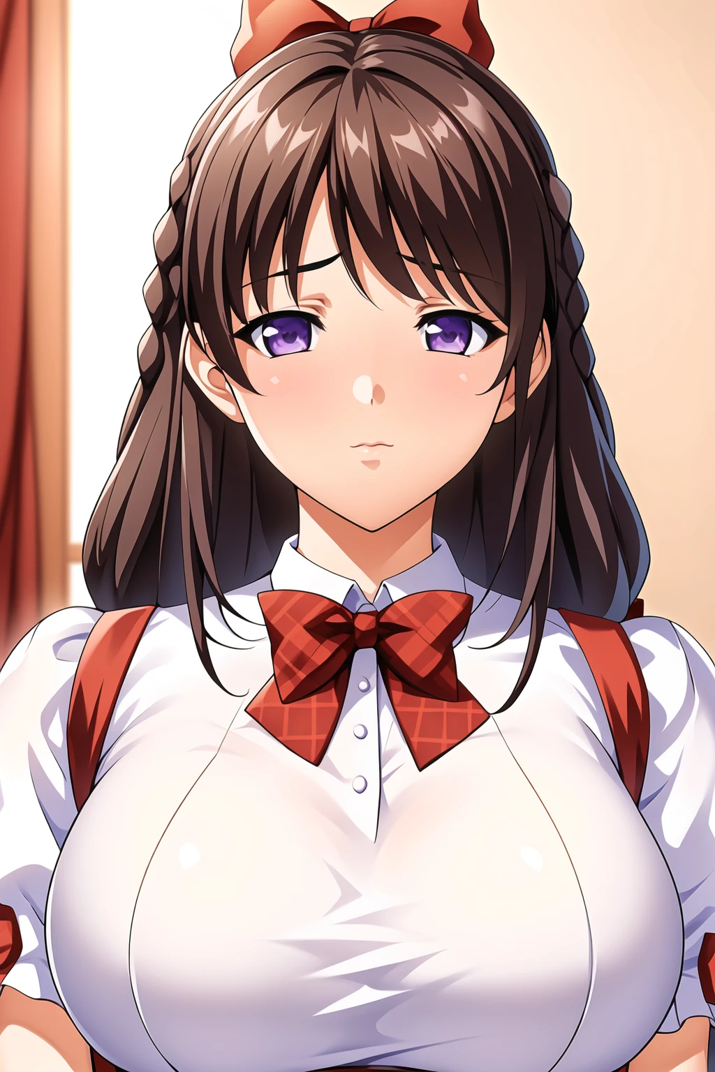 Simple Background,White Background,
dynamic pose,standing at attention,
red bowtie,maid apron, maid,puffy sleeves, short sleeves, 
<lora:Akitsuki_Marina_OniChichi-KK77-V2:0.7>,
purple eyes, brown hair,bangs,Long hair,hair ribbon, side braids, red bowtie,
<lora:more_details:0.1>,<lora:Oda_Non_Style-KK77-V2:0.3>,<lora:Sexy_AIart-KK77-V1:0.3>,
1 girl, 20yo,Young female,Beautiful long legs,Beautiful body,
Beautiful Nose,Beautiful character design, perfect eyes, perfect face,expressive eyes,perfect balance,
looking at viewer,(Focus on her face),closed mouth, (innocent_big_eyes:1.0),(Light_Smile:0.3),
official art,extremely detailed CG unity 8k wallpaper, perfect lighting,Colorful, Bright_Front_face_Lighting,White skin,
(masterpiece:1.0),(best_quality:1.0), ultra high res,4K,ultra-detailed,
photography, 8K, HDR, highres, absurdres:1.2, Kodak portra 400, film grain, blurry background, bokeh:1.2, lens flare, (vibrant_color:1.2),professional photograph,
(Beautiful,large_Breasts:1.4), (beautiful_face:1.5),(narrow_waist),