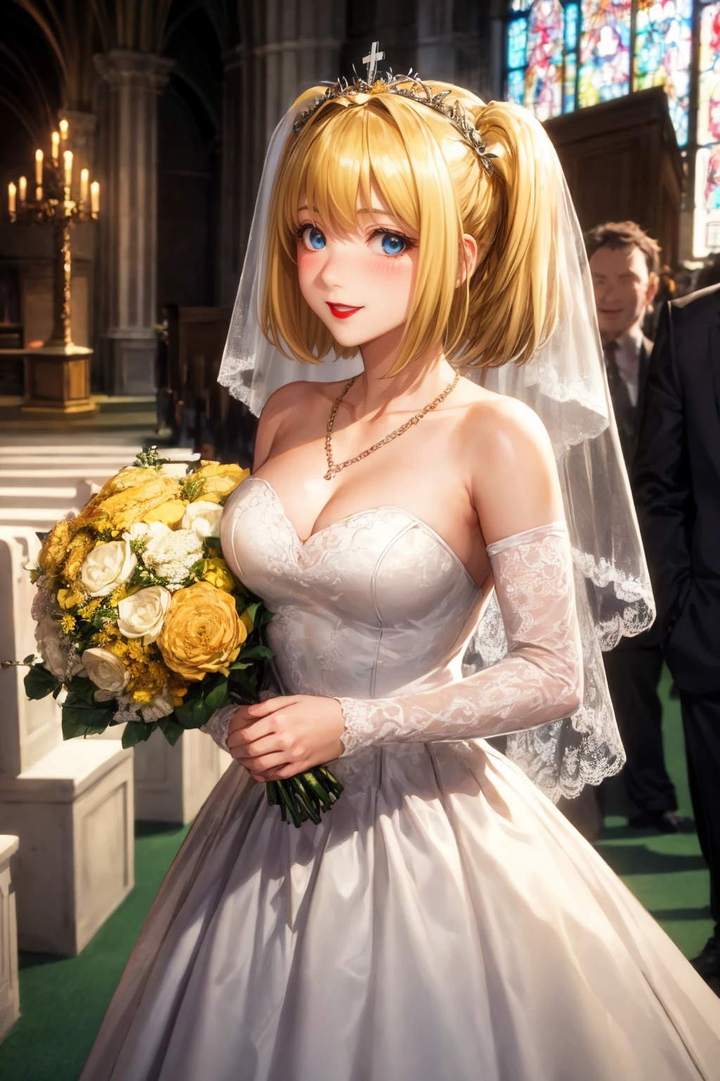 amane misa,cowboy shot, 1girl,solo,blonde hair, blue eyes,medium breasts,twintails, short hair,red lips,wedding dress,veil,,smile, blush,happy,holding bouquet,own hands together,looking at viewer,indoors, church, white light, altar,crowd,tiara,strapless,necklace, (best quality, masterpiece) <lora:misa_v1:1>