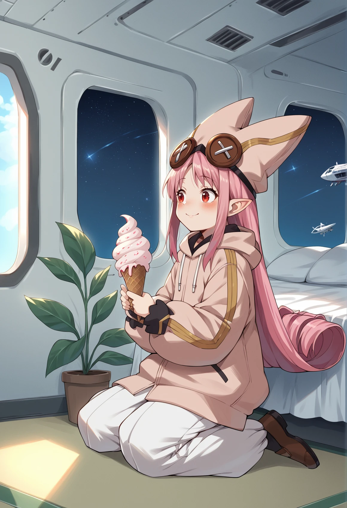 1girl, minigirl, long hair, sidelocks, pink hair, red eyes, pointy ears, hat, Goggles On Head, hoodie, bag, baggy pants, socks, brown footwear, kneeling, indoors, spacecraft interior, bed, plant, white walls, blushing, smile, kneeling, from side, holding ice  cream, ice cream cone <lora:Habetrot:1>, score_9, score_8_up, score_7_up, score_6_up, score_5_up, score_4_up, BREAK source_anime, masterpiece