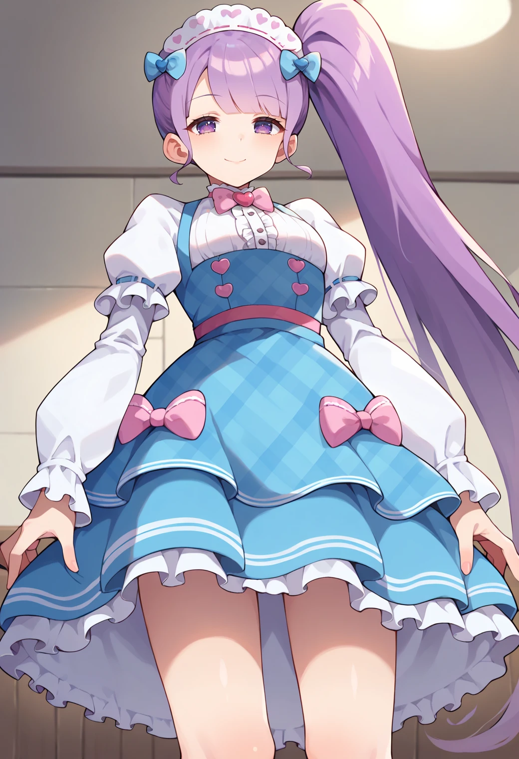 score_9, score_8_up, score_7_up, score_6_up, score_5_up, score_4_up, source_anime,
solo, 1girl, prinonb, side ponytail, very long hair, purple eyes,
blue dress, plaid, maid headdress, hair bow, blue bow, pink bow, puffy sleeves, long sleeves, ribbon trim,
looking at viewer, smile, closed mouth, half-closed eyes,
<lora:_manaka_non-elesico-pony-e12:0.9>