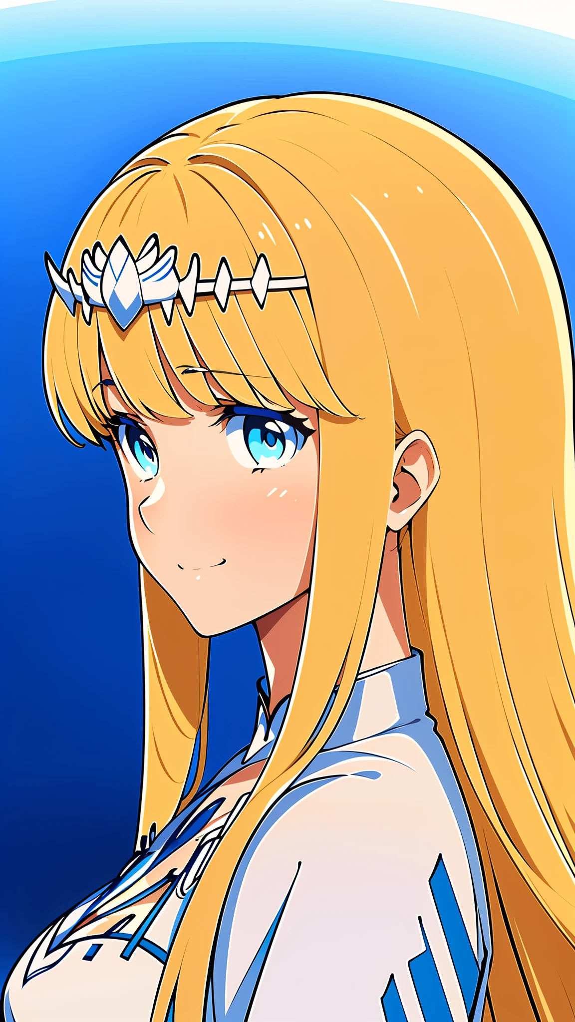 best quality,highres ,finely detailed,bangs ,smile,,looking_at_viewer,from side,1girl, solo, Calca, Calca Bessarez, blonde hair, (extremely long hair1.3), very long hair, white tiara, white dress, blue eyes, medium chest<lora:EMS-362575-EMS:0.800000>, <lora:EMS-390959-EMS:1.400000>