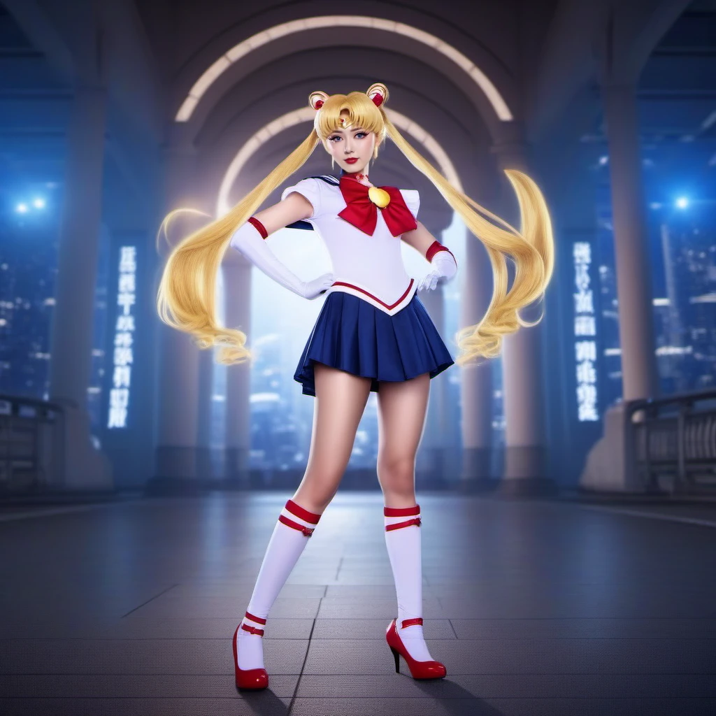 cinematic photo  1girl, blond hair, twintails,  bow, sailor senshi uniform, skirt, sailor collar, gloves, high heels boots, japanese school background <lora:SailorMoonStyle1024:0.8> . 35mm photograph, film, bokeh, professional, 4k, highly detailed