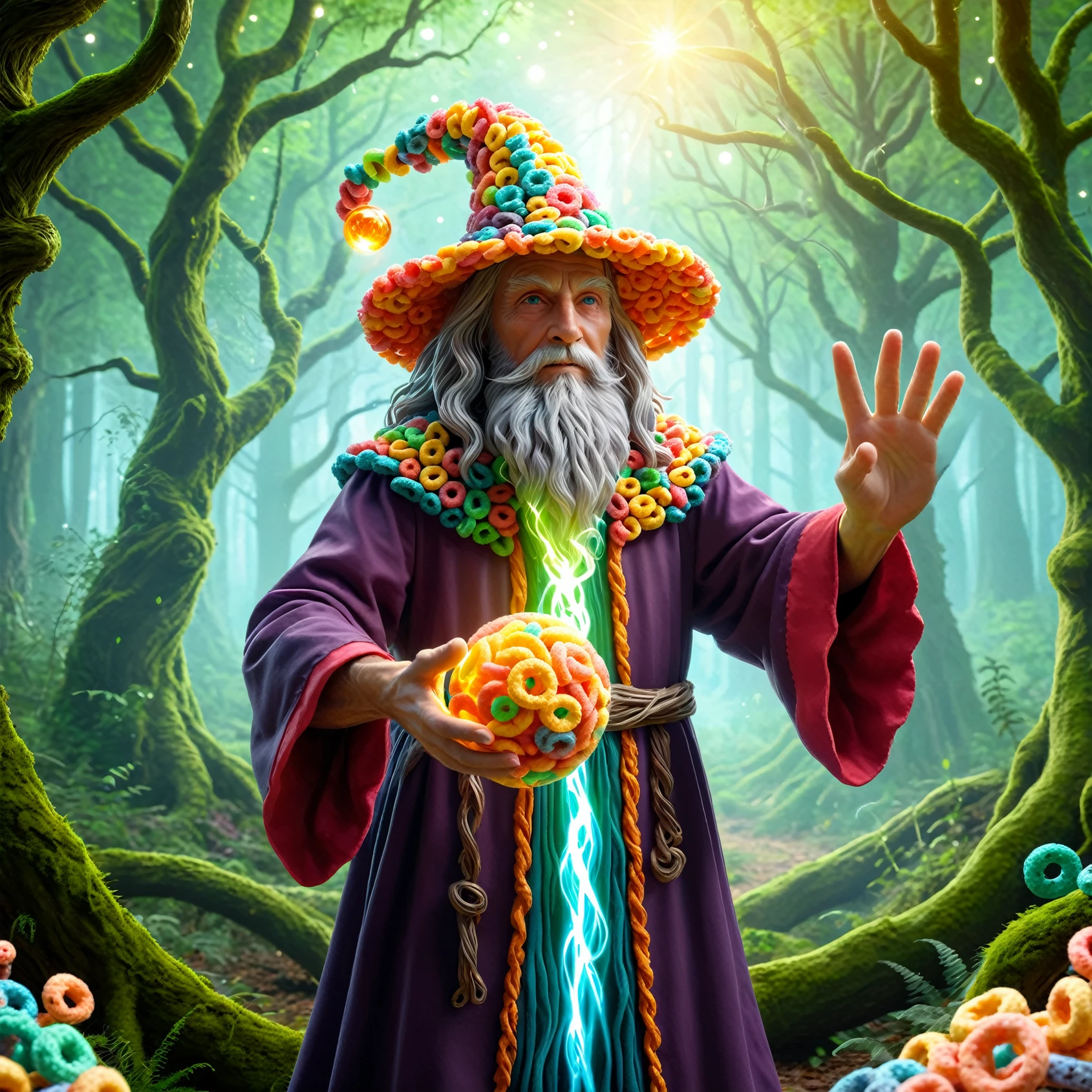 made of Fruit loops , epic digital picture of a Wizard in a magical forest holding a ball of energie in his hands, masterpiece, dramatic cinematic lighting, unforgettable, very intricate, high detail , photorealistic detail, ultra-realism , photorealistic,  ultra detailed ,octane render,    <lora:FruitLoopStyle_epoch_9:0.4>