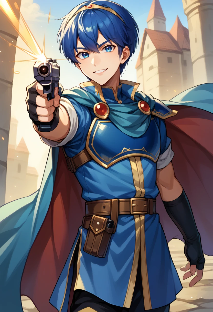 score_9, score_8_up, score_7_up, source_anime, BREAK 1boy, solo,  <lora:Marth-pdxl_Fp:1>, marthfe, blue hair, blue eyes, short hair, tiara, blue tunic, armor, cape, fingerless gloves, (aiming at viewer), holding gun, handgun, looking at viewer, smile,