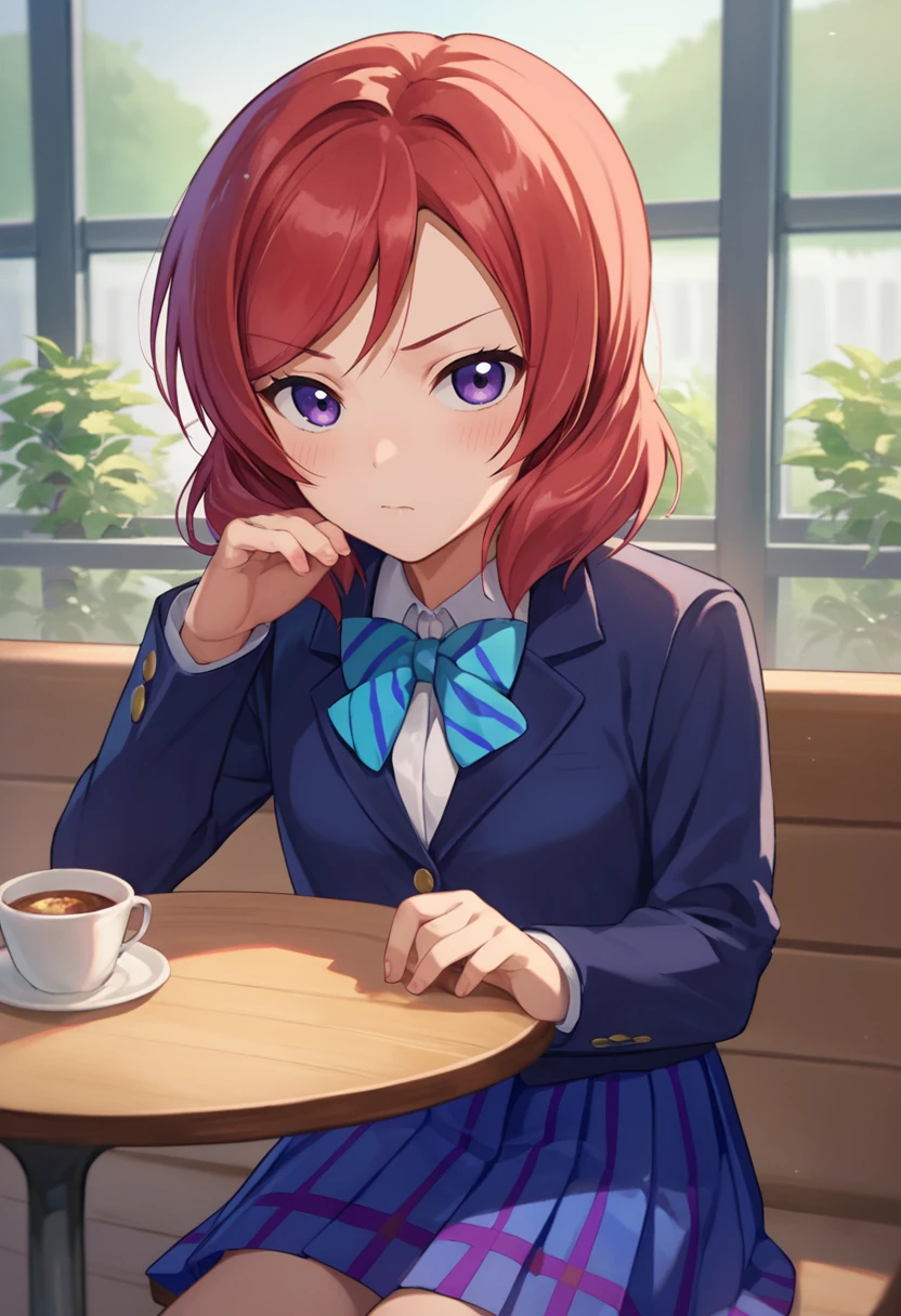 score_9, score_8_up, score_7_up, 1girl, source anime,   Nishikino maki, red hair, purple eyes, short hair, blue blazer, pleated skirt, aqua bow, cafe, pov, sitting, table, looking at viewer,  blush,     <lora:Nishikino Maki 3-000006:1>