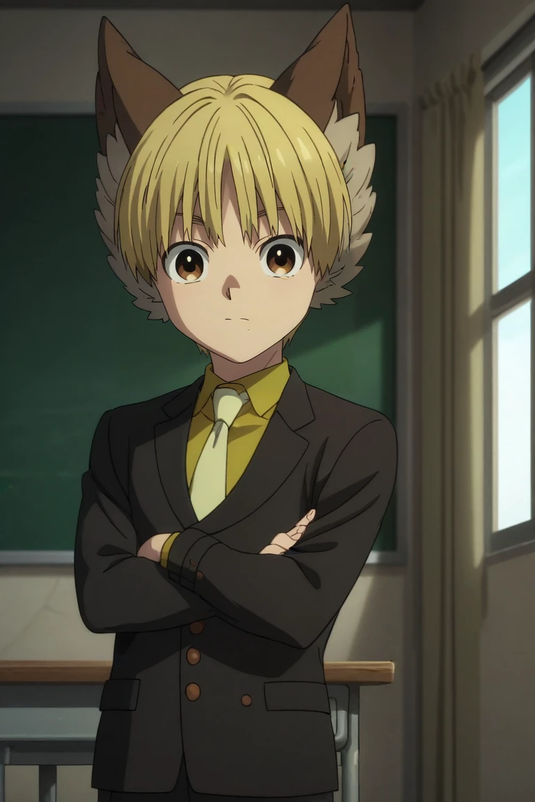 score_9, score_8_up, score_7_up, , rating_safe, , anime screencap, , official style, , , 1boy, solo, male focus, <lora:nobimaru_kemono_jihen_pony:0.96>, nobimaru_kemono_jihen, blonde hair, brown eyes, short hair, , animal ears, , wide angle, wide shot, cowboy shot, classroom, indoors, v arms, :o, , <lora:sdxl_lightning_8step_lora:1>