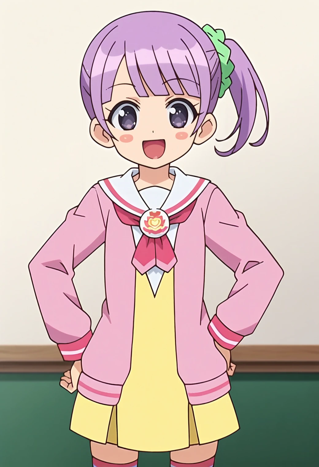 score_9, score_8_up, score_7_up, score_6_up, score_5_up, score_4_up, source_anime,
solo, 1girl, defnonb, side ponytail, hair scrunchie, blush stickers, anime screencap,
school uniform, white sailor collar, yellow dress, pink jacket, thighhighs, striped,
looking at viewer, smile, open mouth,
<lora:_manaka_non-elesico-pony-e12:0.9>