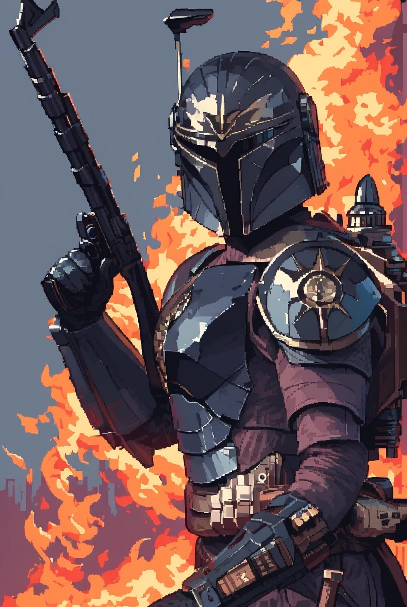 7-MandalorianArmour, solo, gloves, 1girl, holding, weapon, portrait, holding weapon, gun, helmet, blaster, science fiction,  holding gun
swirling fire, embers ablaze 
 armour, black armour trim, intricate patterns, highly precise
[pixel art,  detailed, 7-MandalorianArmour]
<lora:Mandalorian Armour PONY:1>  <lora:d3p1x3lXLP:1>