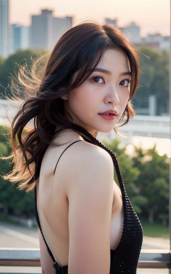 <lora:Yeri_V1:1> Yeri_V1,, (realistic), (hyperrealism), (photorealistic:1.4), 1girl, looking at the viewer, eye makeup, detailed eyes, detailed face, (upper body:1.2), detailed background, black dress, walking at the streets, sunset, (windy:1.2)