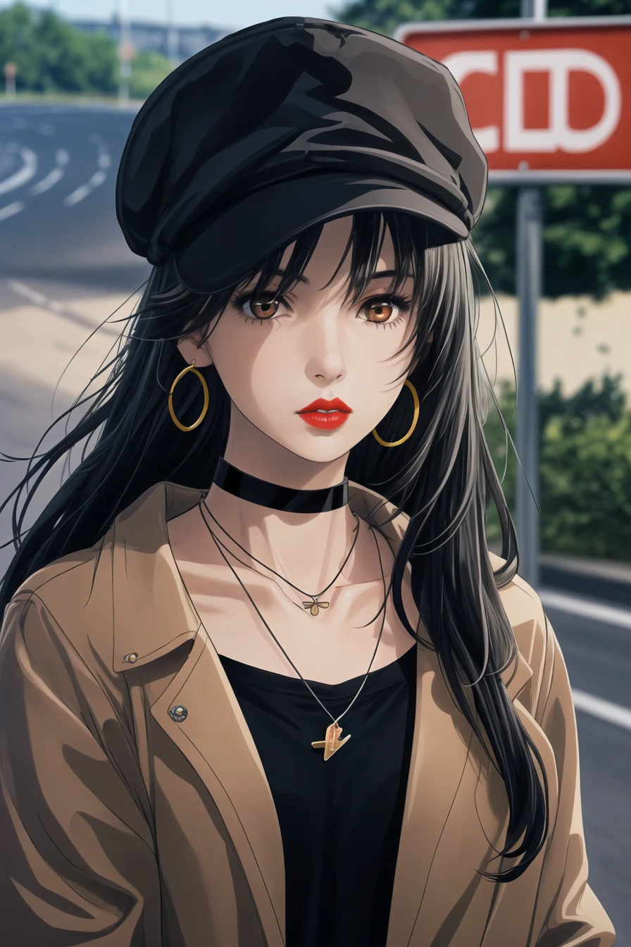1girl,solo,long hair,hat,black hair,jewelry,choker,necklace,jacket,road sign,brown eyes,sign,blurry,outdoors,upper body,black choker,blurry background,parted lips,lips,collarbone,red lips,Comics,sketches,