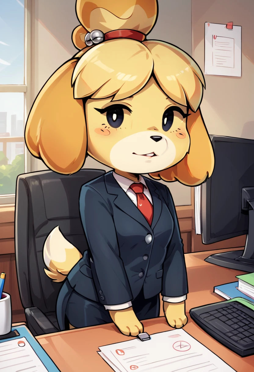 score_9, score_8_up, score_8,    <lora:Shizue_for_PonyXl:0.8> 1girl, dog girl, shizubelle, animal ears, furry female, blonde hair, tail, black eyes, topknot, office, suit, professional, secretary