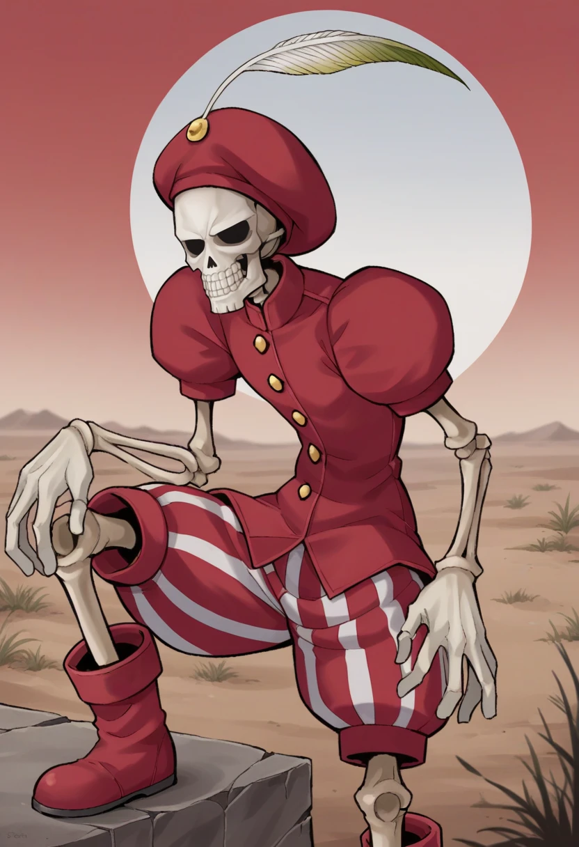 score_9, score_8_up, score_7_up, source_anime BREAK 1boy, solo,
<lora:zs_DavidXL:1> davidsmt, skeleton, red beret, red jacket, puffy sleeves, striped shorts, boots,  no humans,
cowboy shot, wasteland, desert, surrounded by flames, red sky, looking at viewer