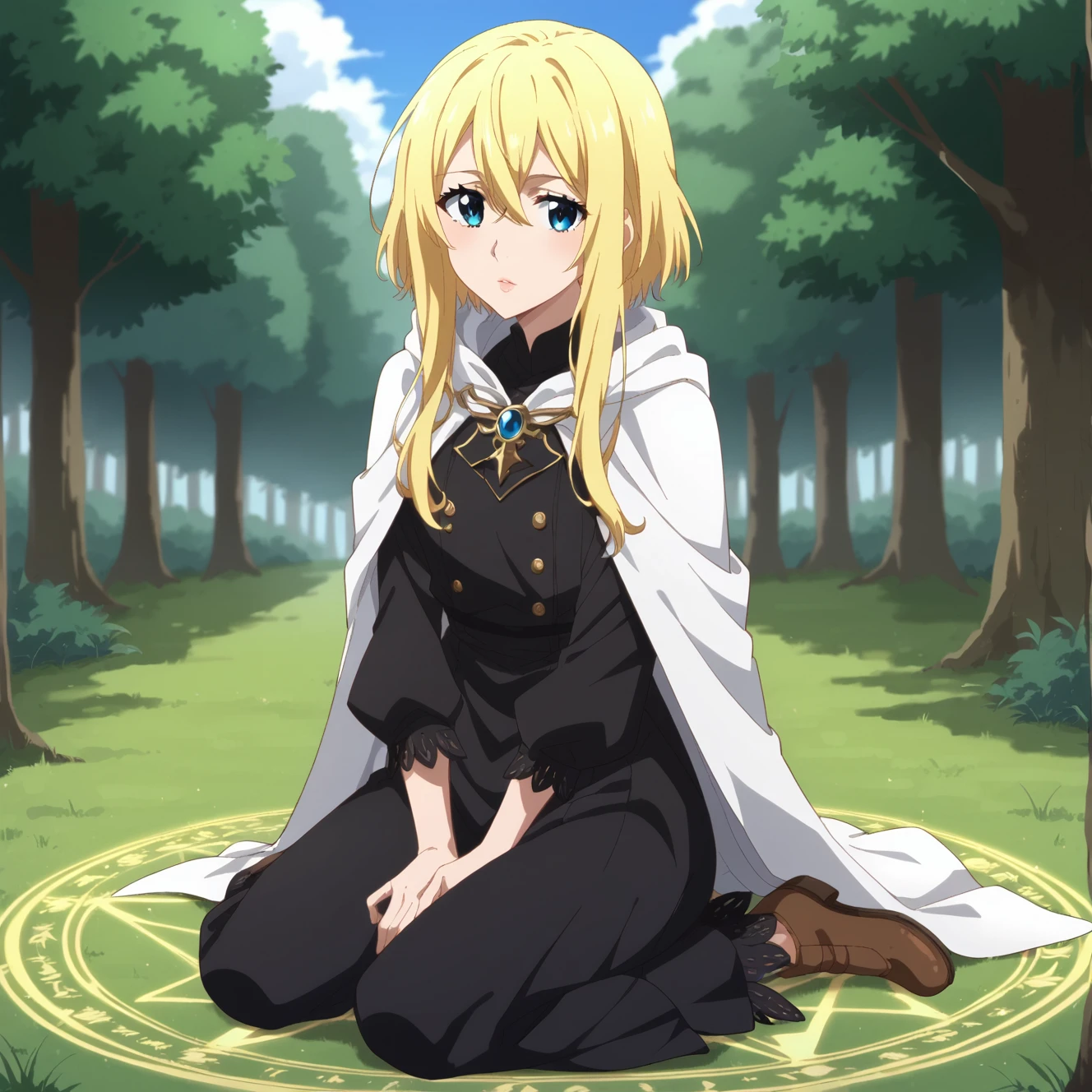 score_9,score_8_up,score_7_up, sm_an_stl, source_anime, anime screencap, anime, animification, 1girl, solo, looking at viewer, bangs, blue eyes, blonde hair, hair ornament, dress, hair between eyes, sitting, full body, sidelocks, outdoors, parted lips, day, pants, cape, :o, black dress, tree, kneeling, grass, nature, short hair with long locks, forest, magic circle, white cape