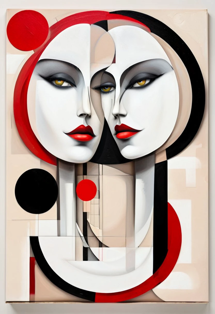 a bird's-eye perspective, a striking abstract painting takes center stage on a light beige canvas. the painting is composed of a series of geometric shapes, predominantly black, white, and red, arranged in a circular pattern. the black shapes dominate the majority of the composition, while the white shapes are subtly revealed in the lower right corner. the painting's title, "dancing couple," is subtly etched into the lower right corner of the canvas.