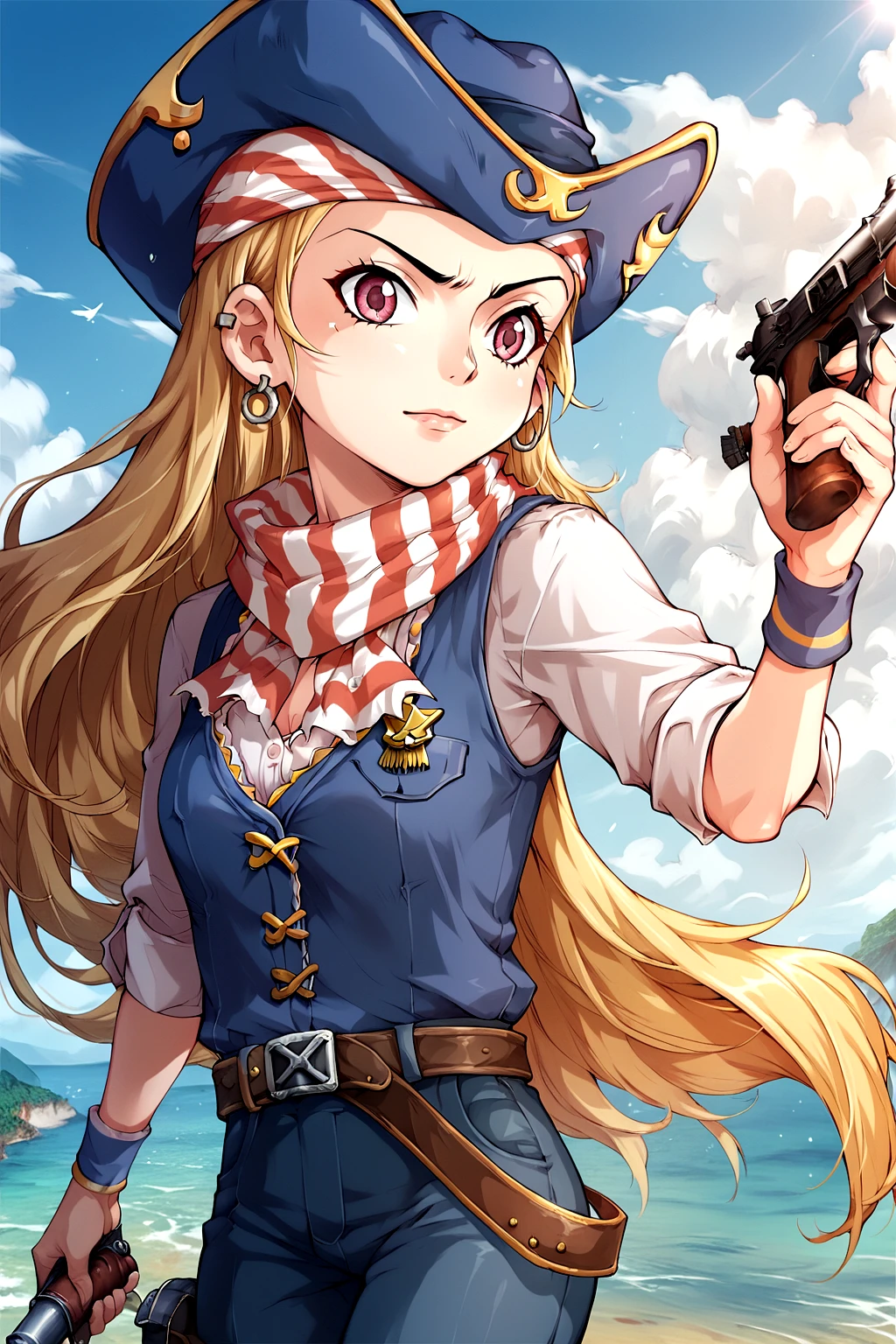 score_9, score_8_up, score_7_up, score_6_up, score_5_up, score_4_up, 1girl, nsfw, source_anime, solo, Kyrin, blonde hair, long hair, red and white striped bandana, pirate hat, pink eyes, red and white striped scarf, vest, shirts, wristband, belt, pants, <lora:Kyrinpony:0.75>, <lora:Concept Art Eclipse Style LoRA_Pony XL v6:0.6>, kid, holding gun, gun