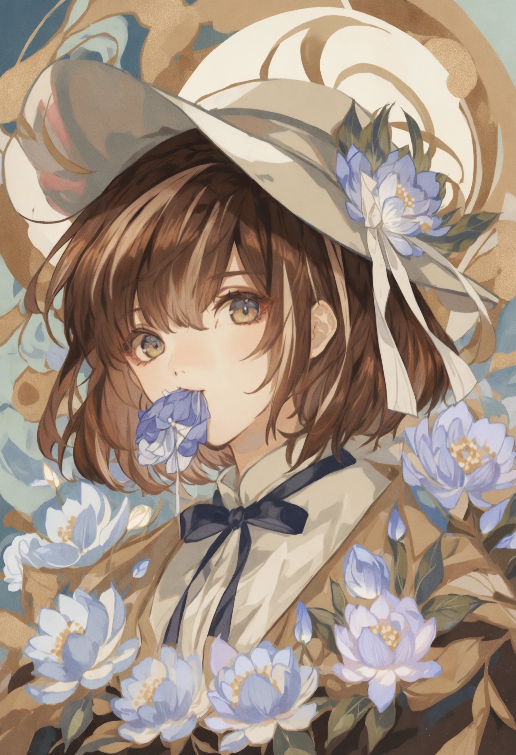 masterpiece, best quality,1girl, solo, looking at viewer, flower, mouth hold, multicolored hair, abstract, upper body, ribbon, brown hair, bow, hat, streaked hair, colorful
<lora:huyaXLlokr3f-000191:0.95>