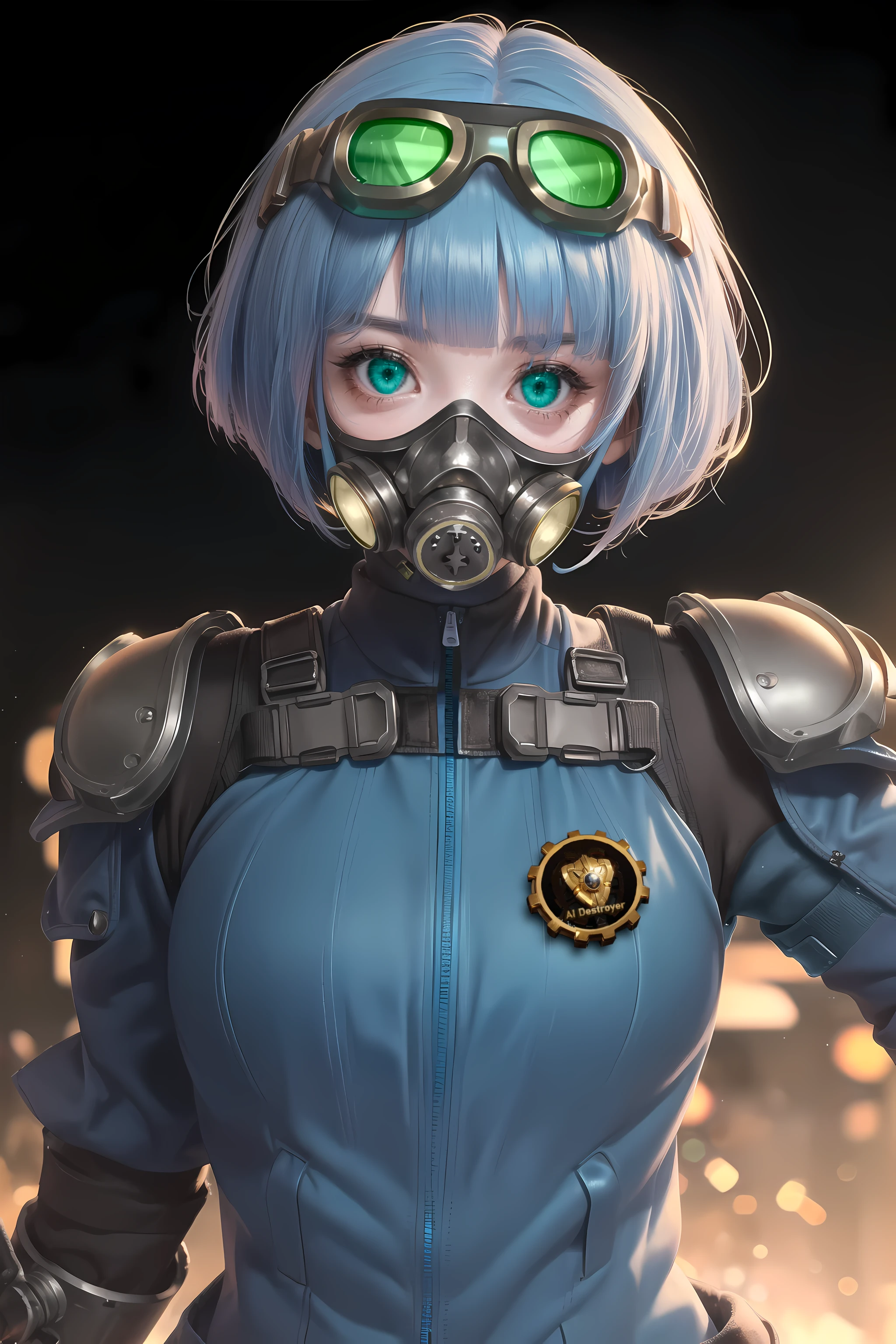 ((front, facing viewer, from upfront)), 1girl, (upper body, standing), (((FemFH, large goggles on head, gas mask, diagonal bangs, hair over one eye, shoulderpads), zipped blue jacket, brown gloves, heavy makeup)), ultra detailed, illustration, unparalleled masterpiece, ultra realistic 8k CG, perfect artwork, brave female soldier, (narrow waist), alluring, clean, (looking at viewer), (((short hair, (diagonal bangs), hair over one eye, straight bob cut, straight hair,))), (((blue hair))), ((turquoise eyes), glowing eye), (cold expression), pale skin, ((shiny skin, medium breasts)), depth_of_field, bokeh, delicate pattern, intricate detail, (pitch black night),