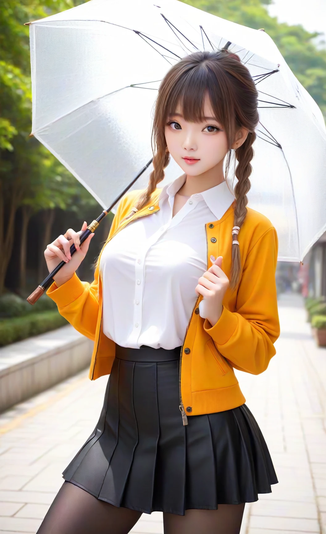 1girl, big breasts, Chinese, (masterpiece, best quality:1), black bow, black hair, black pants, black skirt, bow, braid, buttons, collared shirt, cowboy shot, green eyes, grey skirt, hair bow, holding, holding umbrella, long hair, long sleeves, looking at viewer, miniskirt, open mouth, orange eyes, orange jacket, outdoors, pants, pleated skirt, shirt, simple background, skirt, solo, standing, umbrella, v-shaped eyebrows, white background, white shirt
