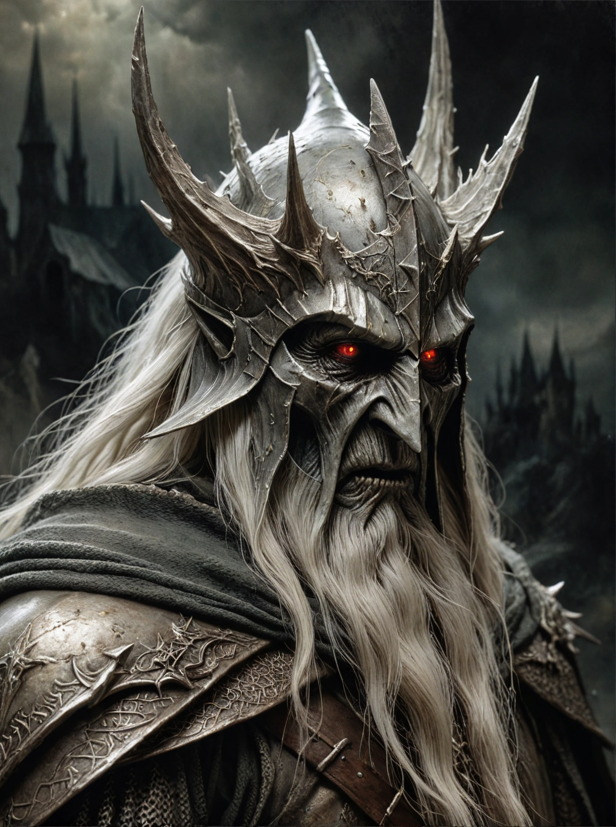 Close Up shot of the Witch King from The Lord of the Rings,Low saturation color photography,vintage,grunge,top light,masterful painting in the style of Anders Zorn | Marco Mazzoni | Yuri Ivanovich,Todd McFarlane,Aleksi Briclot,oil on canvas