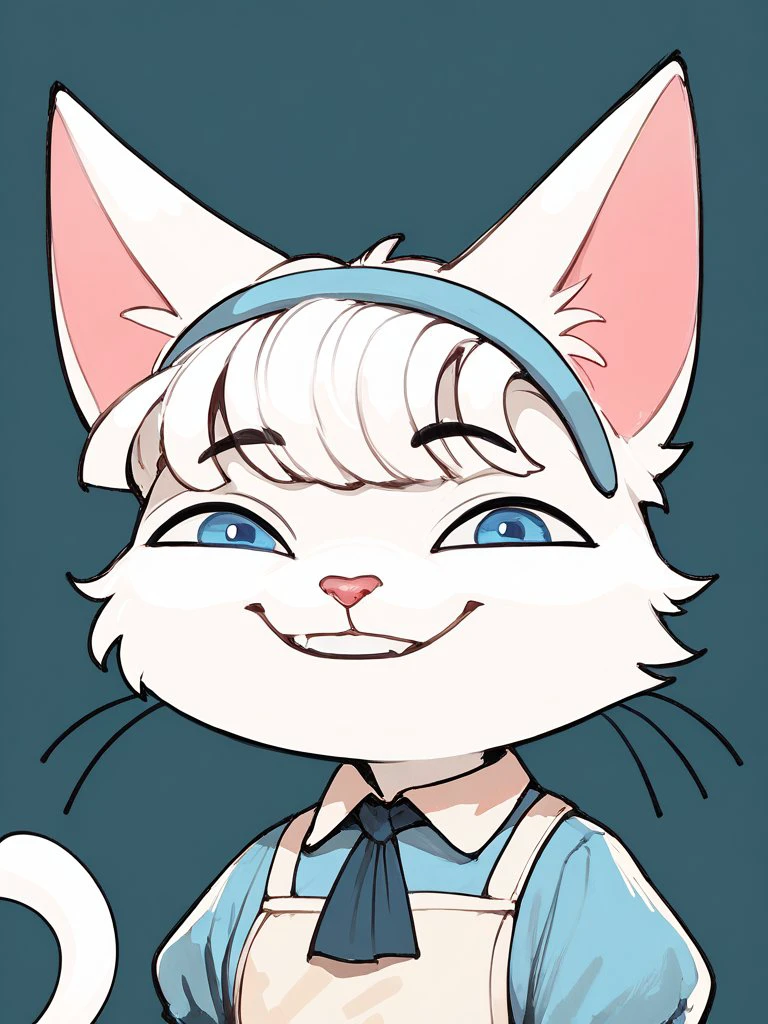 score_9, score_8_up, score_7_up, score_6_up, score_5_up, 
Mia, white fur, cat, blue eyes, blue dress, white apron, white bangs,tail, pink nose, fringe, incrsanyashehfacememe, <lora:AnyasHehFaceMeme_XLPD:1>, upper body, office
<lora:Mia_Cat_XL:0.9>