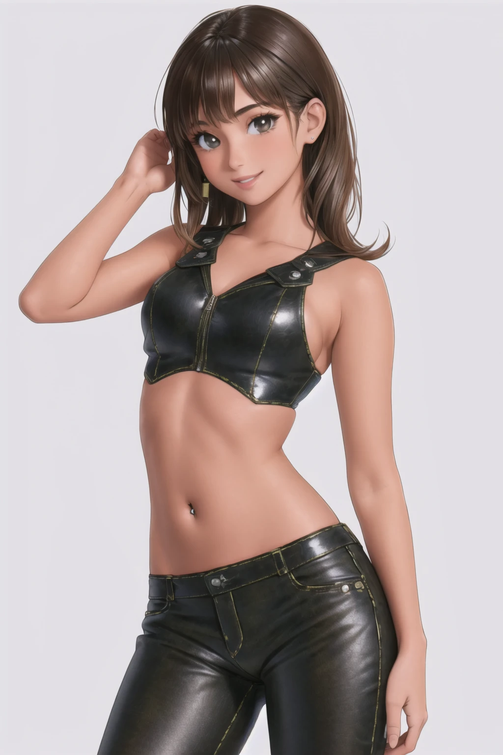 masterpiece, 1girl, age18, leather micro top, navel, ideal hair, ideal face, cute smile, ideal body, (casual:1.3), irresistible, extremely detailed, highest quality, <lora:breastsizeslideroffset:-0.2>, <lora:BT Leather Micro Top:0.7>