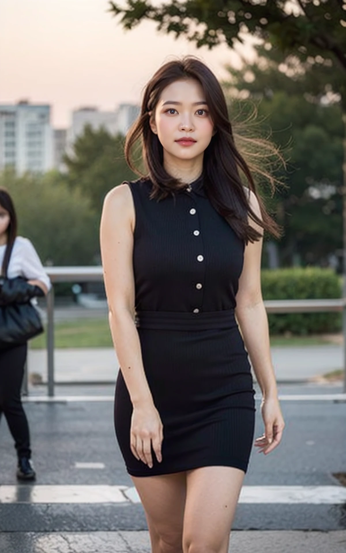 <lora:Yeri_V1:1> Yeri_V1,, (realistic), (hyperrealism), (photorealistic:1.4), 1girl, looking at the viewer, eye makeup, detailed eyes, detailed face, (upper body:1.2), detailed background, black dress, walking at the streets, sunset, (windy:1.2)