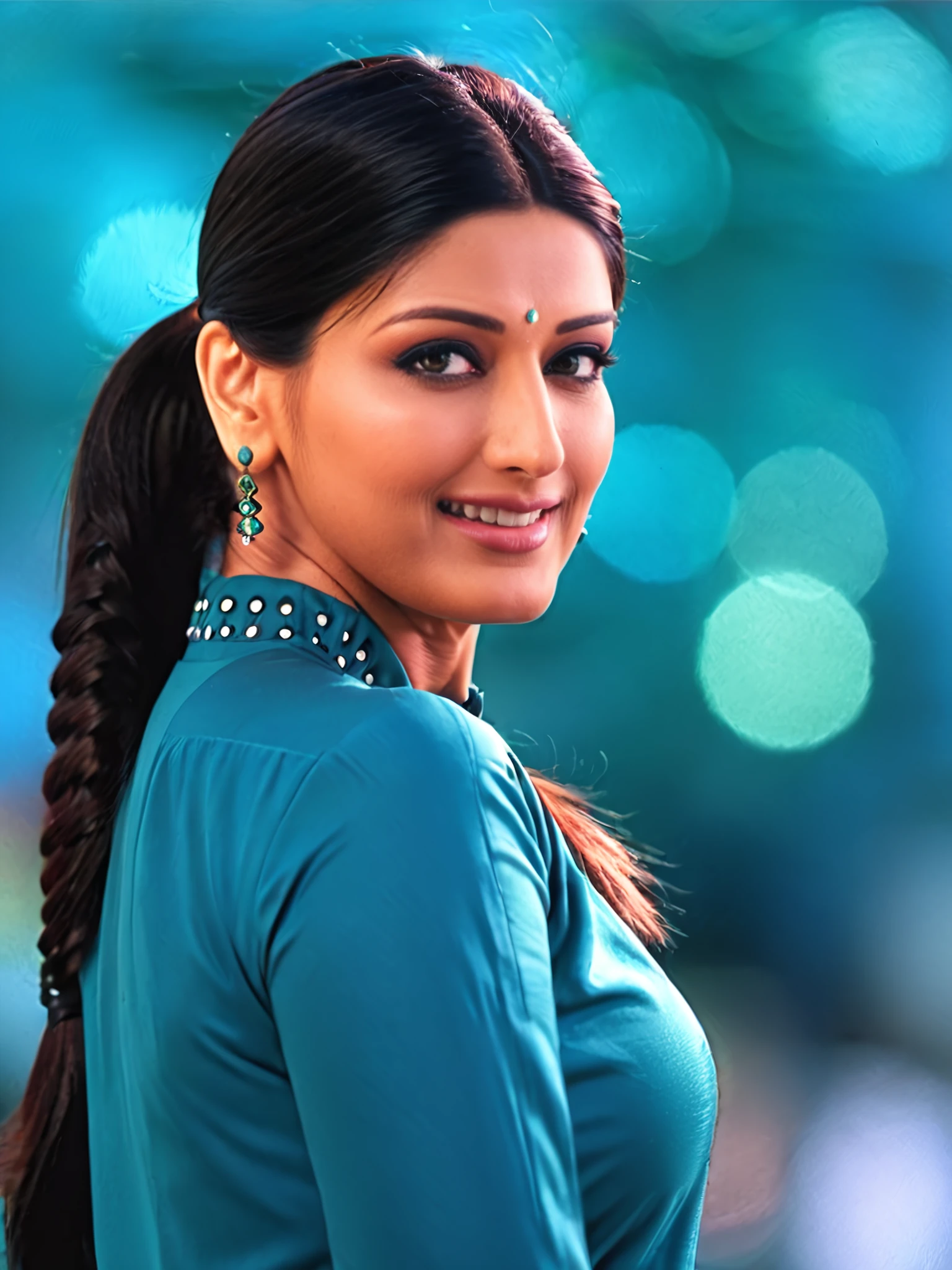 full body photo of sonali bendre woman, solo, ponytail, smile, looking at the camera,  Teal clothing, , contrasting background bokeh    <lora:Sonali_Bendre_SDXL_LoRA_prodigy_local:1>