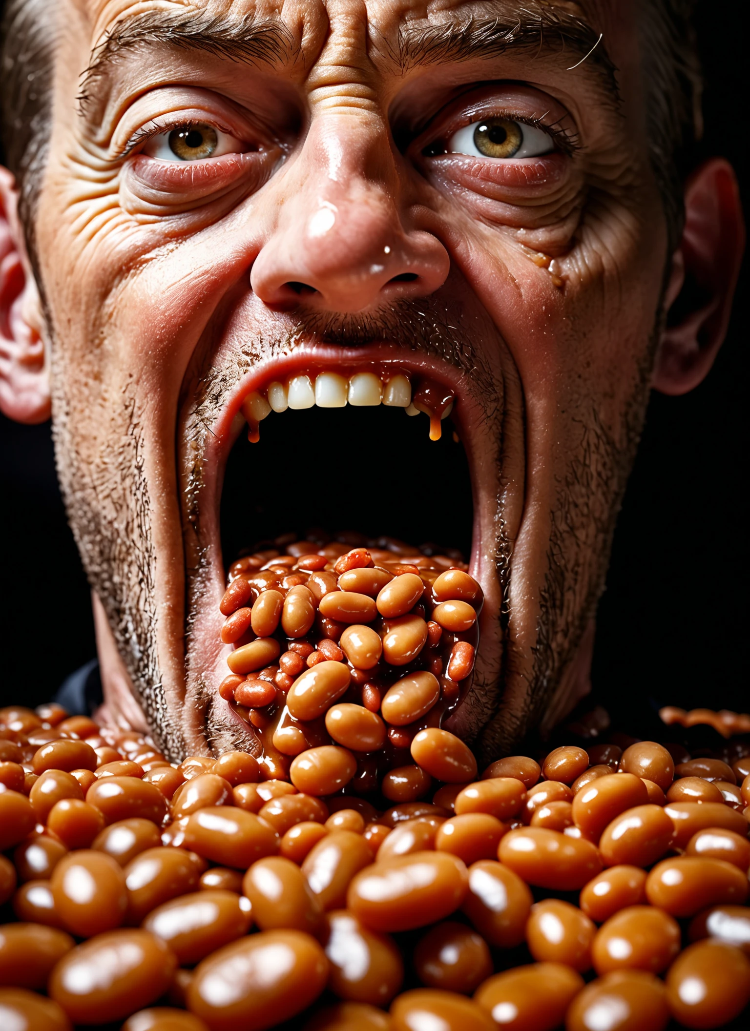 Medium format photography, (Steven Belledin Gastronomy Scene:1.3), Extreme close-up composition, British baked beans, Intense eating action, Mouth-watering details, (Realistic food textures:1.2), Intense focus, Detailed facial expressions, Kitchen setting, Dynamic lighting effects, (Volumetric lighting:1.3), Captured with a Nikon Z7, 50mm f/1.8 lens, Voluminous steam, Rich visual storytelling, Exquisite depth