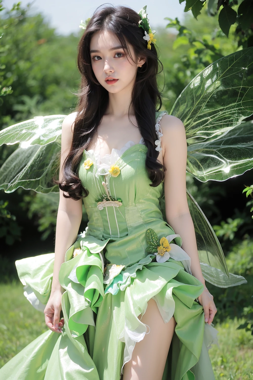 photorealistic,realistic,photography,masterpiece,best quality,ultra-detailed,extremely detailed,8k wallpaper,(reality: 1.4),1girl,solo, hair flower,full body,standing,arms lowered to the sides,long hair,black hair,hair ornament,dress,plant,wings, green butterfly dress,frilled dress,fairy wings,green theme,fairy, <lora:JAY - GREEN BUTTERFLY DRESS:0.8>