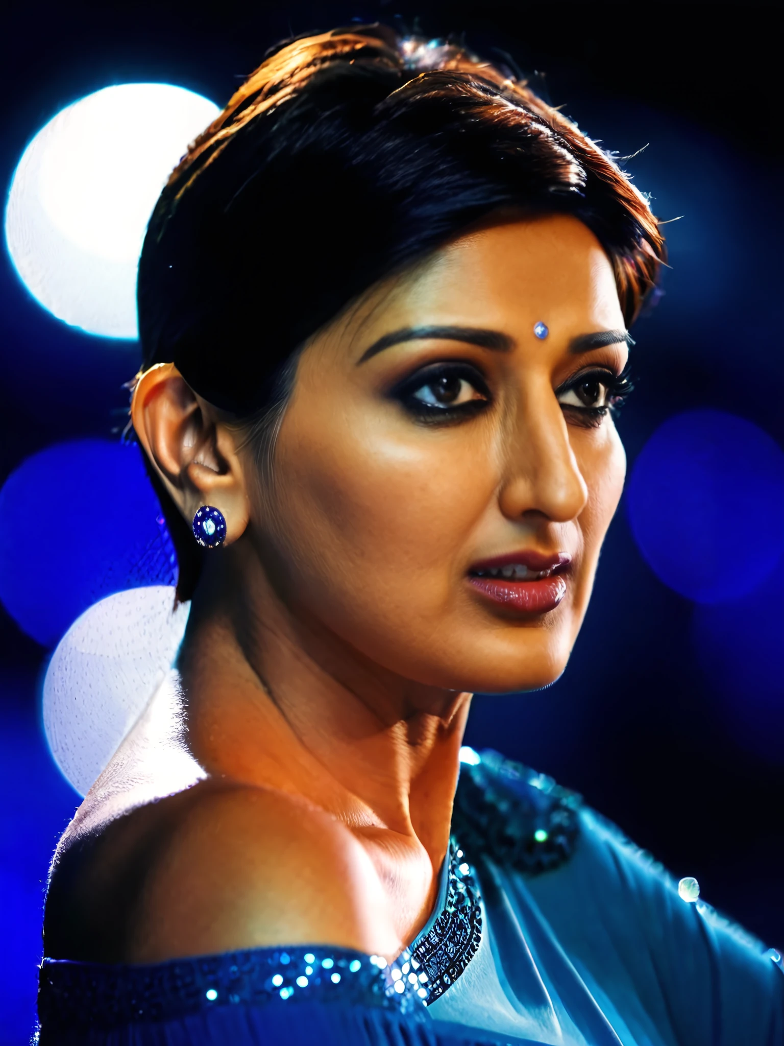 upper body photo of sonali bendre woman, solo, pixie hair cut, serious look, looking at the camera,  Blue clothing, night time, contrasting background bokeh    <lora:Sonali_Bendre_SDXL_LoRA_prodigy_local:1>