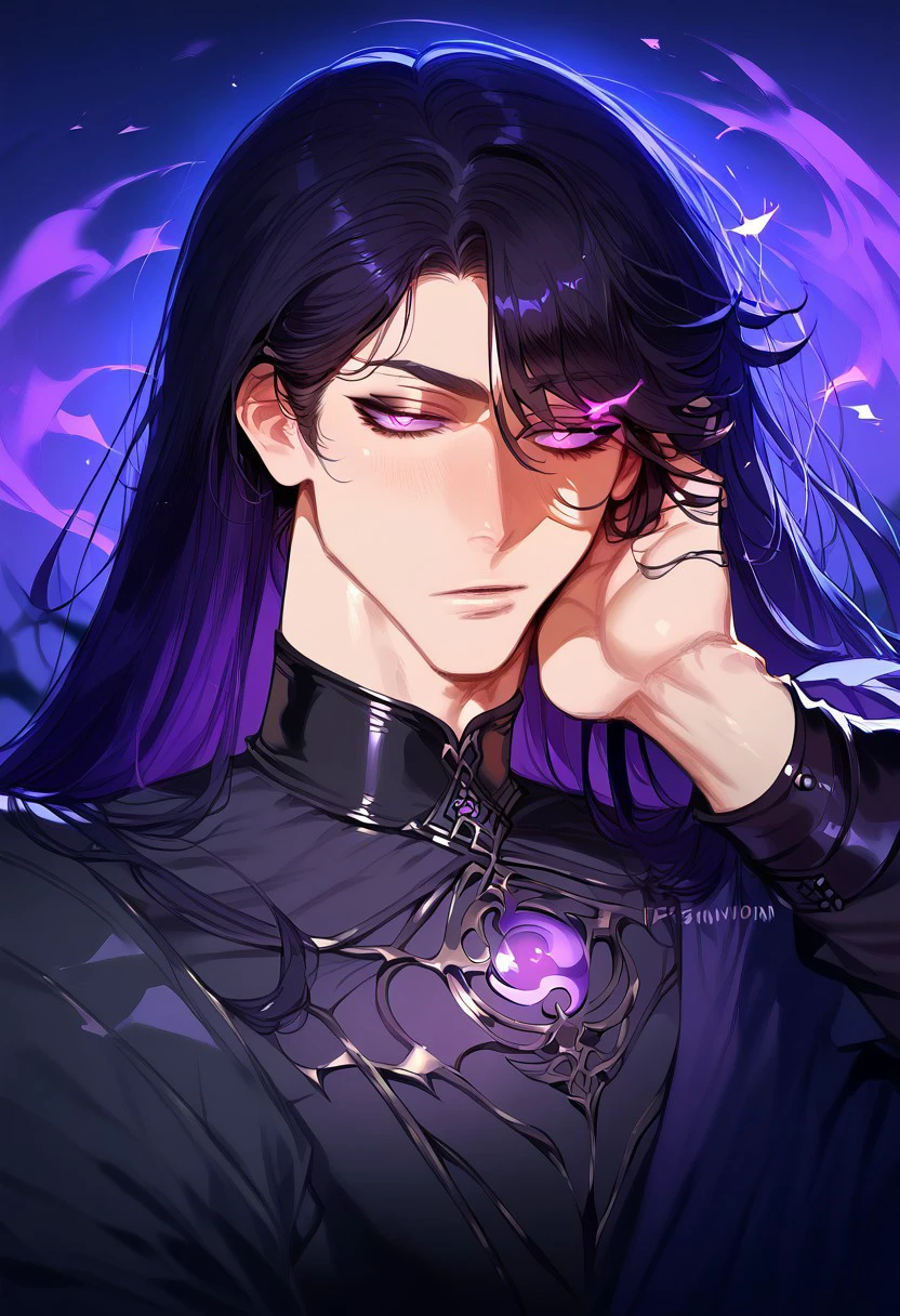 anime artwork, score_9, score_8_up, score_7_up, score_6_up, score_5_up, 1boy, strong, black hair, goth, purple eyes, glowing eyes, nobleman, long hair,