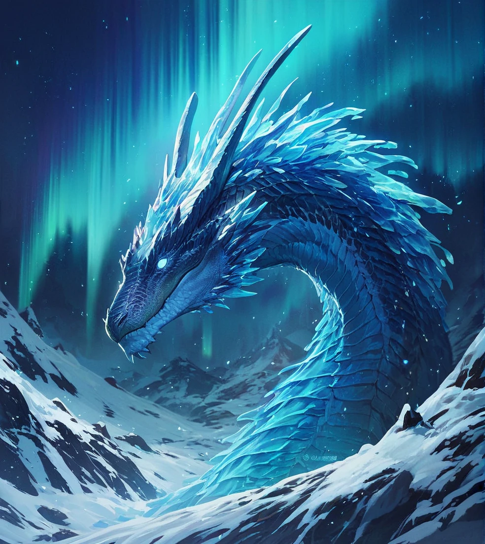 (score_9:1.5), (score_8_up:1.2), score_7_up, score_6_up, portrait of a mysterious female ice dragon with white eyes and her scales covered in blue ice, reptile, snow, winter landscape, dark, night, aurora borealis, detailed scales  <lora:ponydragon-xl-v1:1>, feral