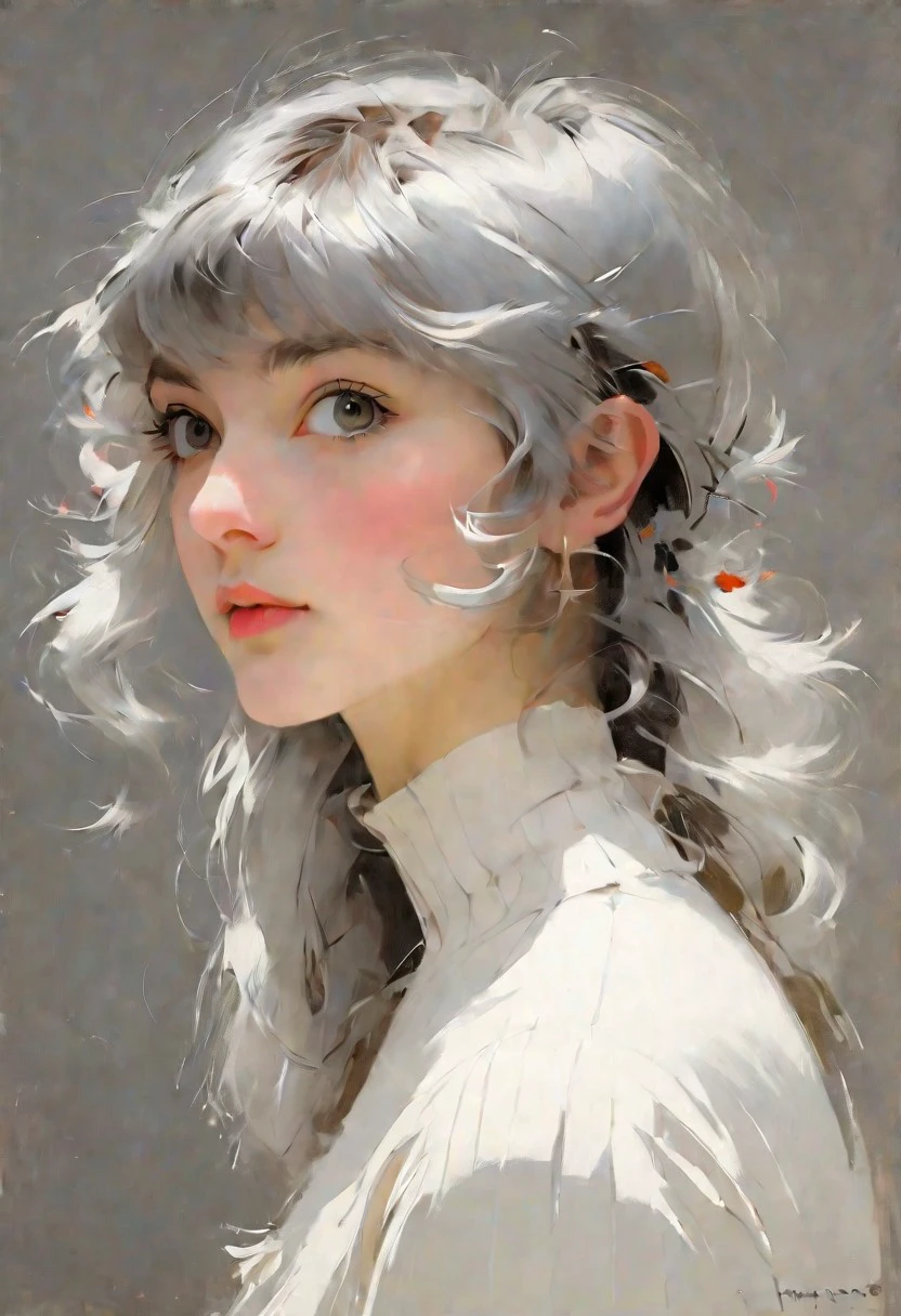 magnificent painting by john sargent, gorgeous 18 year old mythical woman with a slight smile, silvery ashy hair, fringe, direct front view, brushstrokes, impressionism