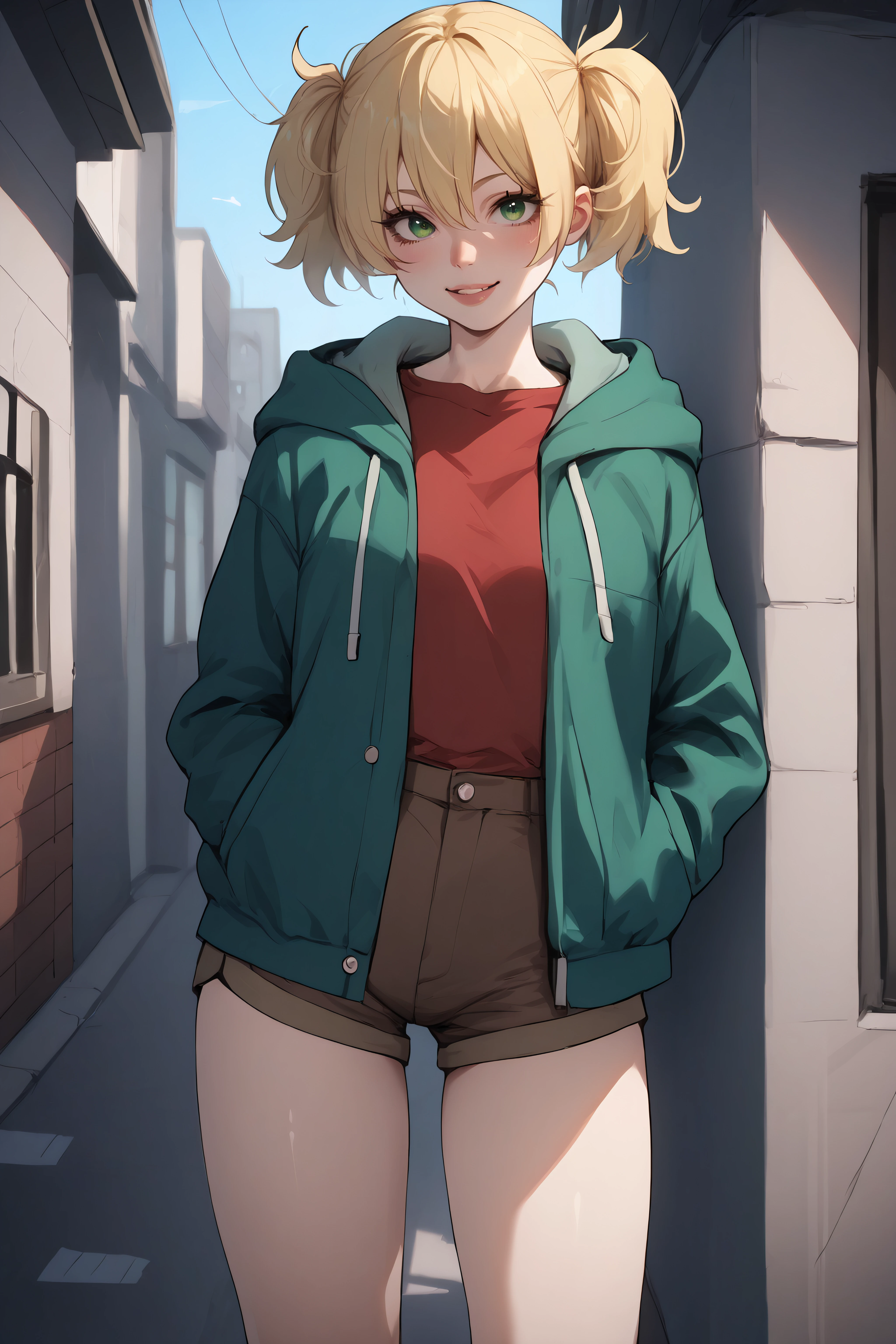 score_9, score_8_up, score_7_up, BREAK source_anime, <lora:Young Cal Devens-PonyXL-lora-Faxtron:0.8> young cal devens, green eyes, blonde hair, short twintails, red shirt, green hooded jacket, brown shorts,