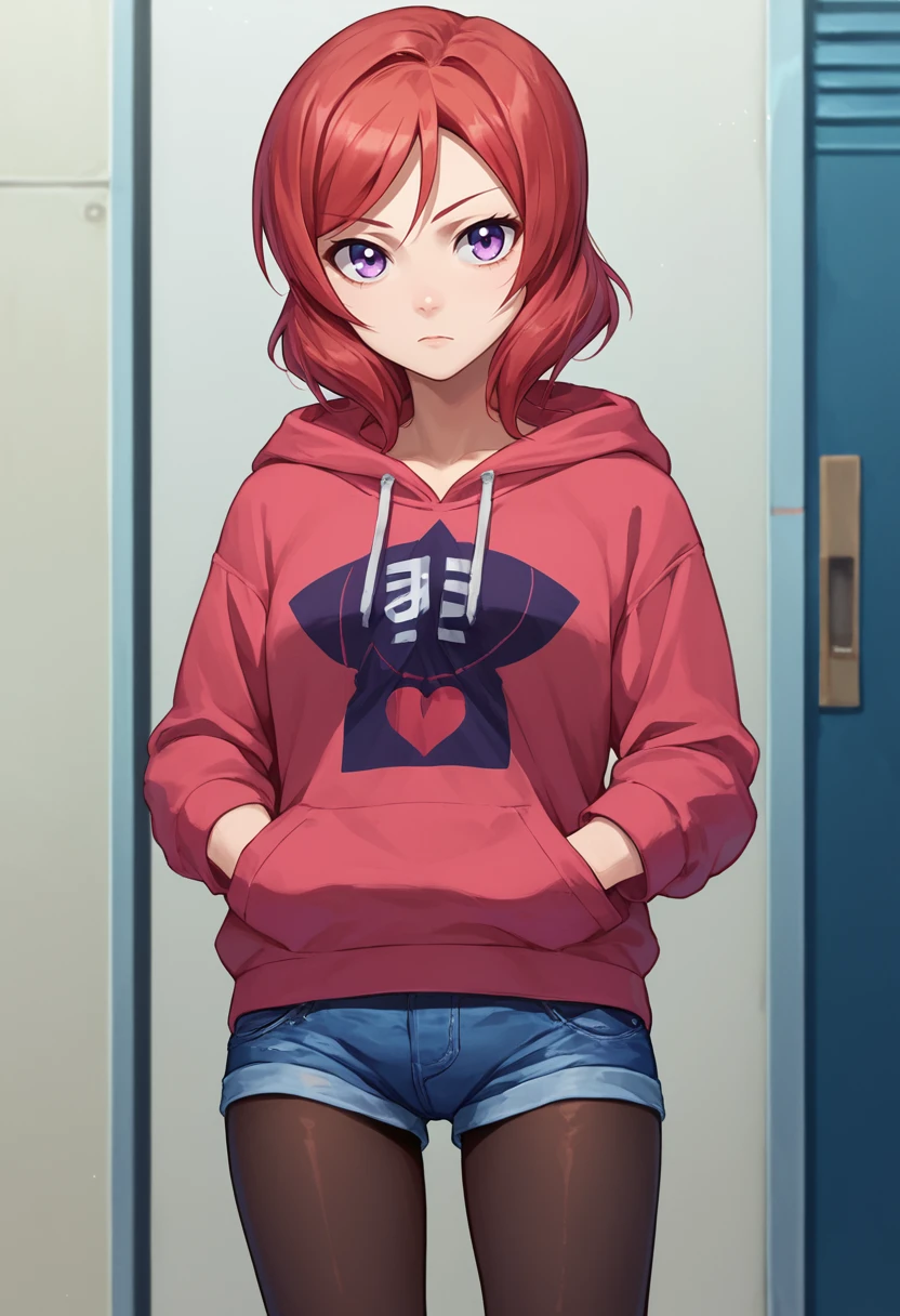 score_9, score_8_up, score_7_up, 1girl, solo,   Nishikino maki, red hair, purple eyes, short hair,  hoodie, denim shorts, pantyhose, looking at viewer, hands in pockets,     <lora:Nishikino Maki TEST-000007:1>