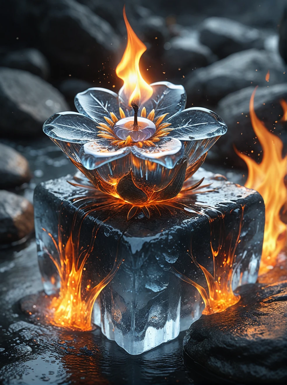 firemode,ice flower on rock,ice flower burning in flame,water is dripping from ice cube,flames are turning twisting smoke,air and earth elements,(masterpiece, best quality, highly detailed,4k, HD, artstation),(magical, air, fire, water, earth:1.2),(style-paintmagic:1)