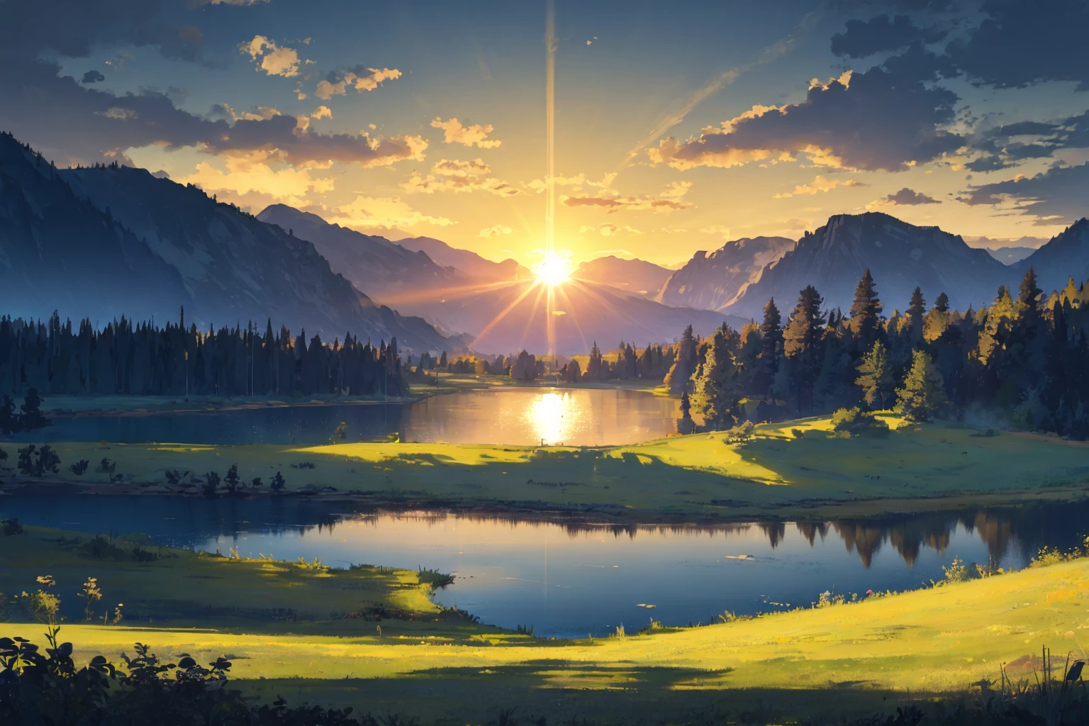 landscape, grass, lake, evenining, horizon, sun, ambient lighting