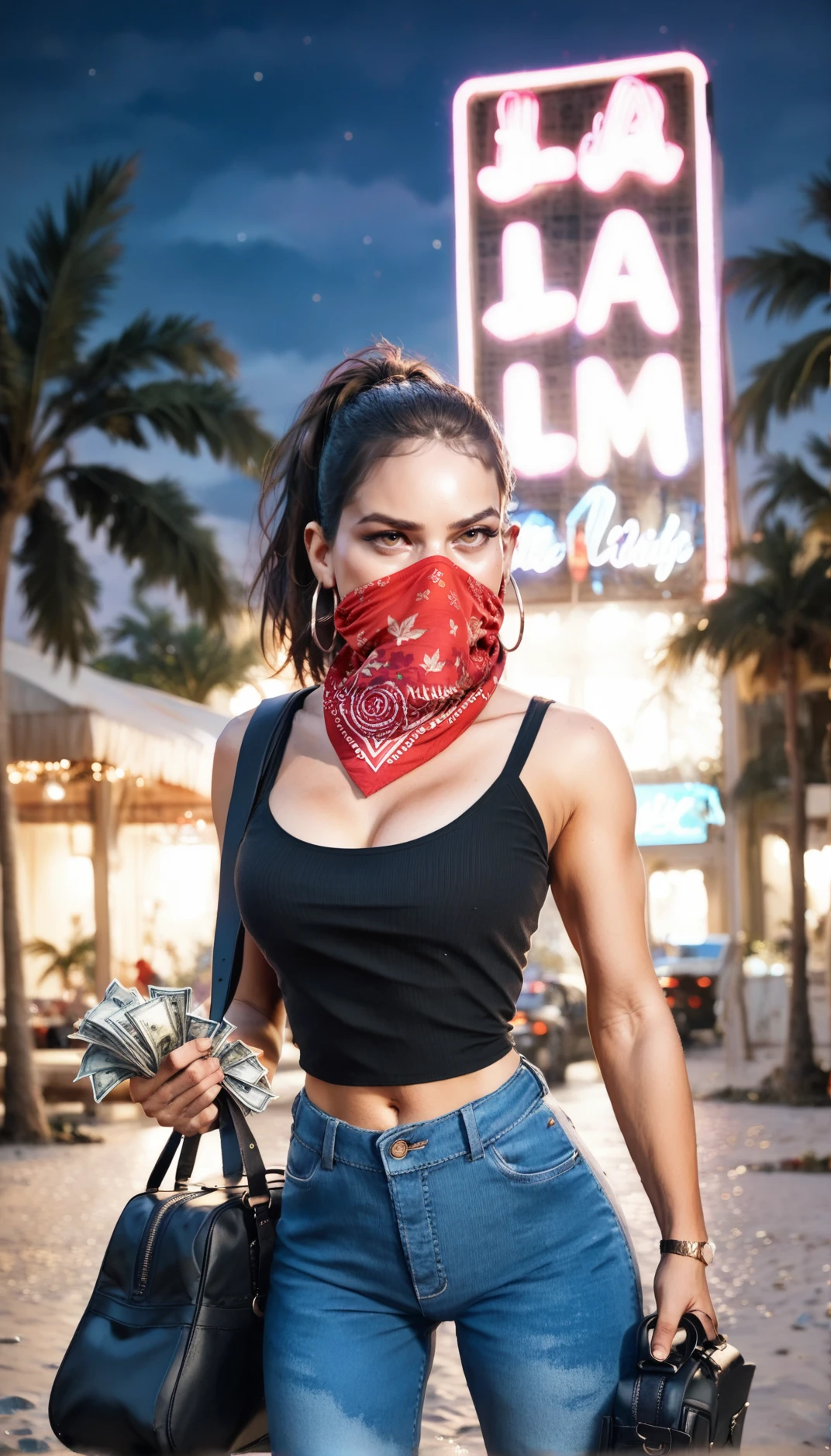 score_9, score_8_up, score_7_up,
 <lora:Lucia_GTA6:0.8> ponytail haircut, brunette, hoop earrings,  black tank top, blue jeans, red bandana face mask, carrying a canvas black duffel bag full of money , night, miami beach, neon lights