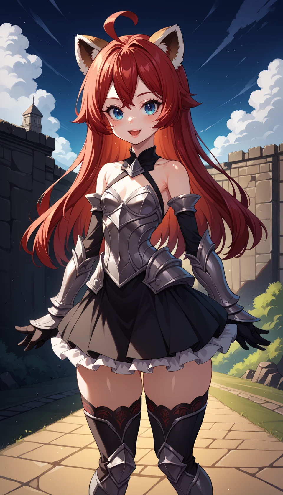 score_9, score_8_up, BREAK
solo, elinxl, red hair, raccoon ears, ahoge, 
dress, detached sleeves, gothic style, thighhighs, armored dress, armored gloves, 
looking at viewer, straight-on, 
outdoors, 
detailed background, 
colorful, drop shadow, light particles, 
<lora:Elin_Pony:1>