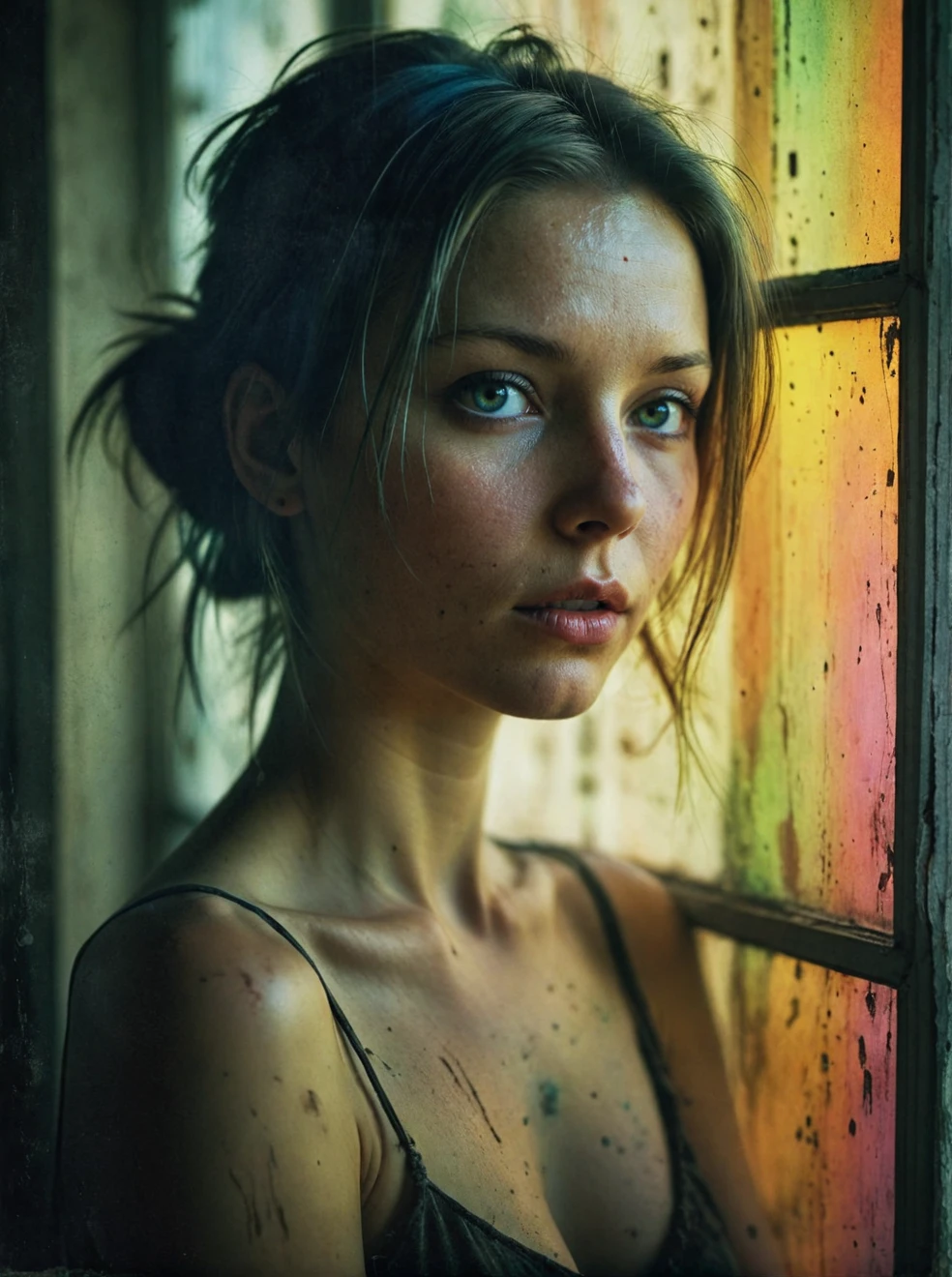 Grunge style a beautiful Woman portrait,Luminous,matserpiece,Chris Cunningham,window,(colorful:0.6)