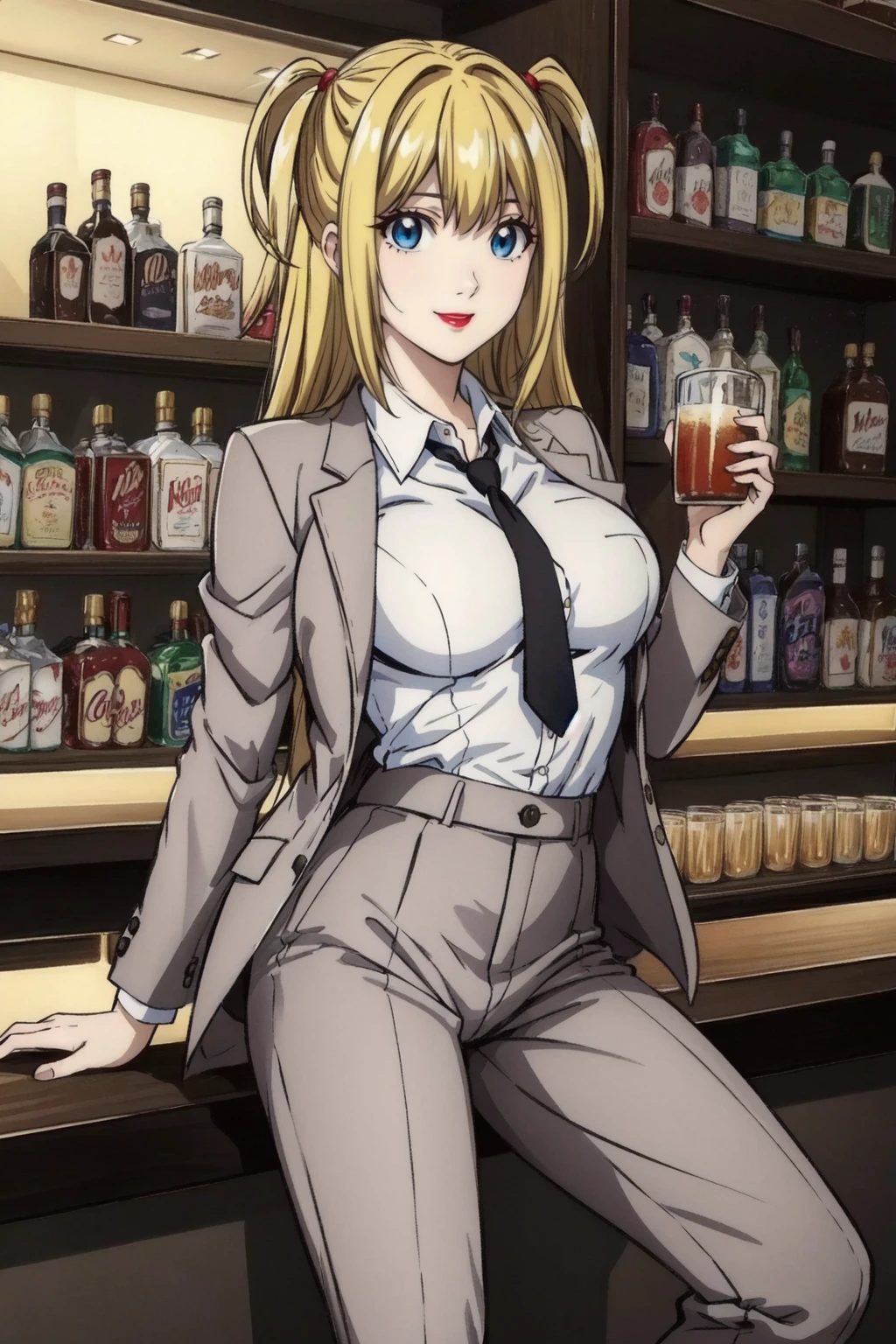 amane misa, 1girl,long hair, two side up, sitting,(grey suit, grey jacket), grey pants, black necktie,white collared shirt,white shirt, bar, shelf, neon lights,night,contrapposto,smile,blonde hair, blue eyes,red lips,medium breasts,grey blazer,(8k,4k,masterpiece, best quality, finely detail,manga) <lora:misa_v1:1>