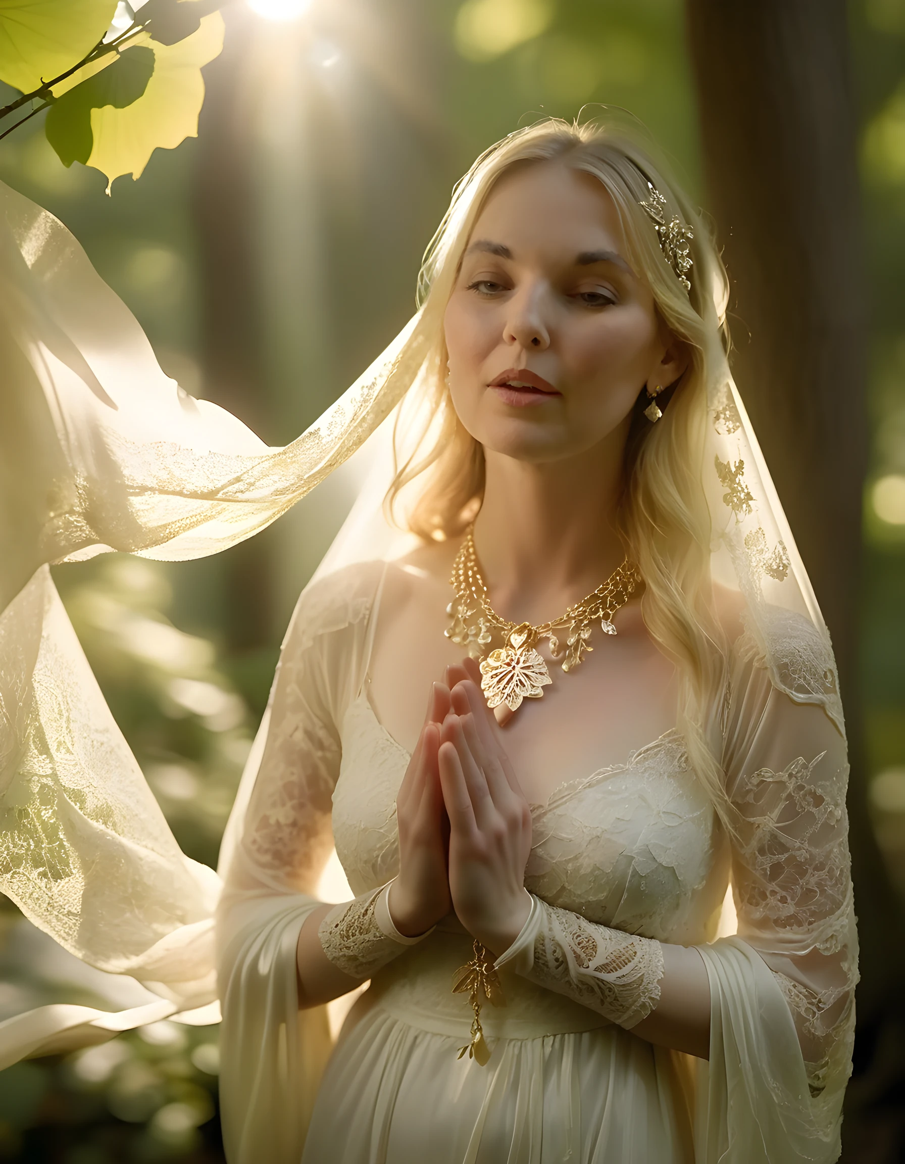 In an ethereal, sun-dappled forest glade, Julie stands poised in a vibrant, bohemian ensemble; her delicate, ivory-white dress cascades gracefully around her, adorned with intricate floral embroidery that seems to come alive under the dappled sunlight filtering through the canopy. Her arms are crossed demurely over her chest, and a shimmering, pearl necklace, adorned with a pendant shaped like a small, open lotus flower, catches the light as it falls in a cascade down to her waist. A veil of soft, gossamer silk, tinged with gold and silver threads, drapes over her head and shoulders, billowing gently in the breeze. Hanging on a nearby tree branch is an antique clothes hanger, displaying an array of shimmering scarves and delicate lace gloves, their colors complementing Julie's dress perfectly. The background is a blur of green foliage, with shafts of sunlight piercing through the leaves to create a dreamlike, otherworldly atmosphere. A beam of golden light illuminates her face, casting shadows that accentuate the soft curves of her features and imbuing her expression with a sense of serene, enchanting beauty.