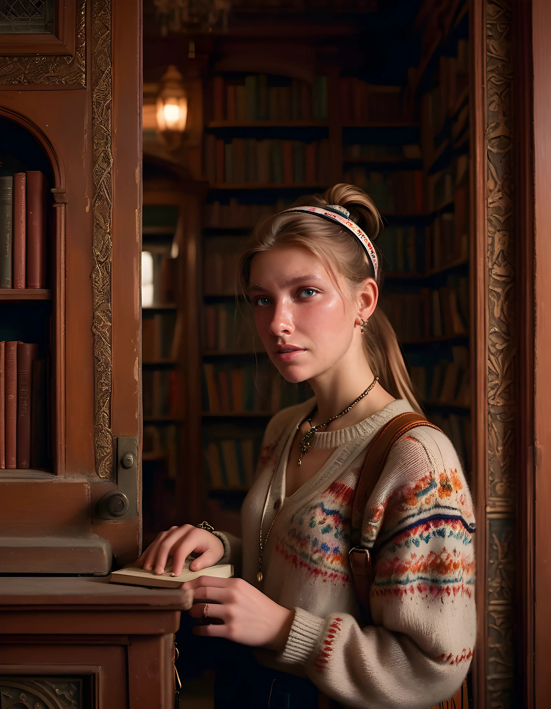 In a dimly lit, antique Victorian library, Petra Davidson, with her bright, intensely curious eyes and cascading ponytail adorned with a vintage hairband, stands poised by an ornate wooden door, clad in a unique, bohemian sweater embroidered with intricate patterns. Her left hand cradles a worn leather bag, while her right hand grips the steering wheel of an old-fashioned typewriter, suspended mid-air as if frozen in time. A soft, golden glow illuminates the scene from an unseen window, casting long, dramatic shadows and highlighting her collection of colorful jewelry that dangles from her ears and wrists, creating a vibrant contrast against the library's muted tones. The emotional tone is one of quiet determination and creativity, as if she is on the precipice of an exciting literary adventure.