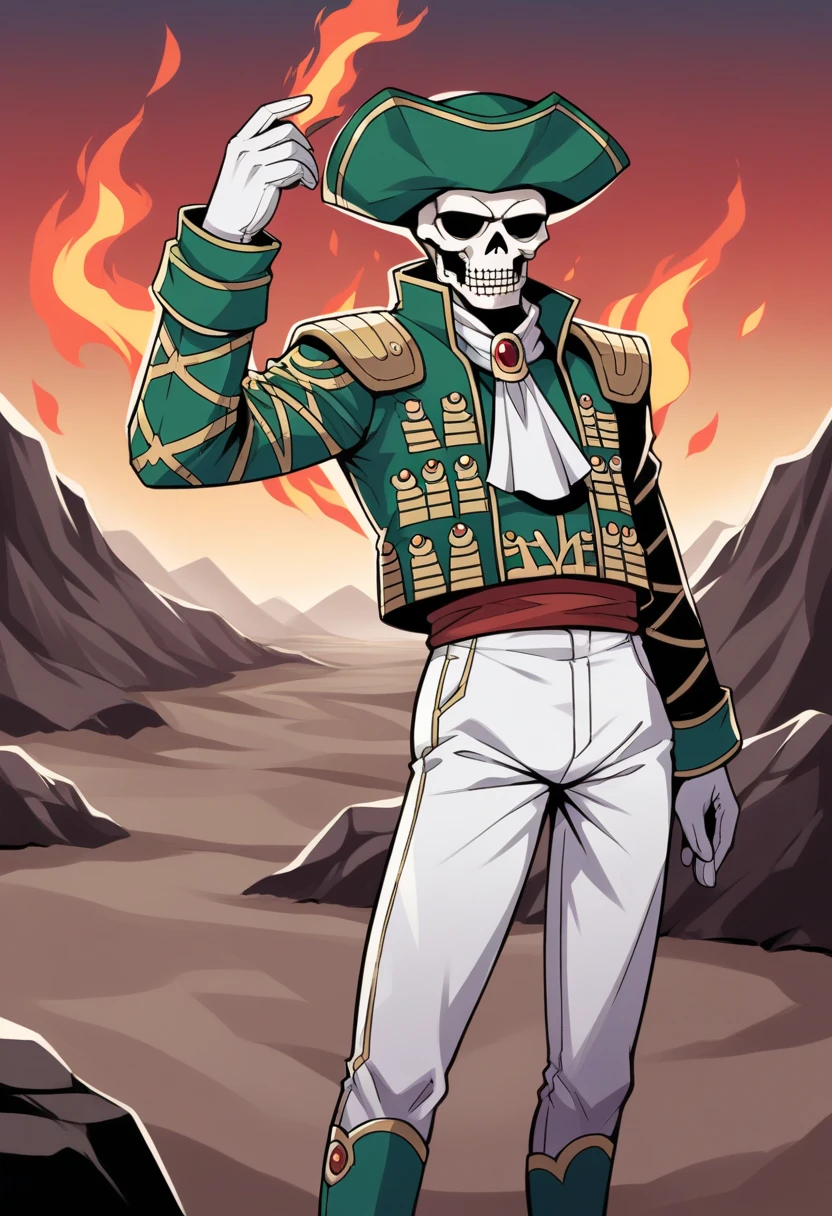 score_9, score_8_up, score_7_up, source_anime BREAK 1boy, solo,
 <lora:zs_MatadorXL:1> matadorsmt, hat, skull, green jacket, white ascot, white pants, white gloves, green boots
cowboy shot, wasteland, desert, surrounded by flames, red sky, looking at viewer