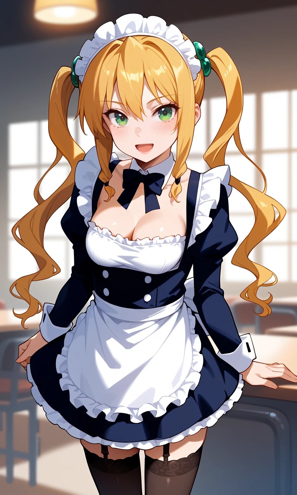 score_9, score_8_up, score_7_up, score_6_up, BREAK
1girl, himegamikodama, apron, black legwear, blonde hair, breasts, cleavage, detached sleeves, enmaided, garter belt, garter straps, long hair, maid, maid headdress, medium breasts, open mouth, solo, sparkle, standing, thighhighs, twintails, waitress, green eyes,
looking at viewer, closed mouth, light smile,
indoors,
<lora:HimegamiKodama_Pony:1>