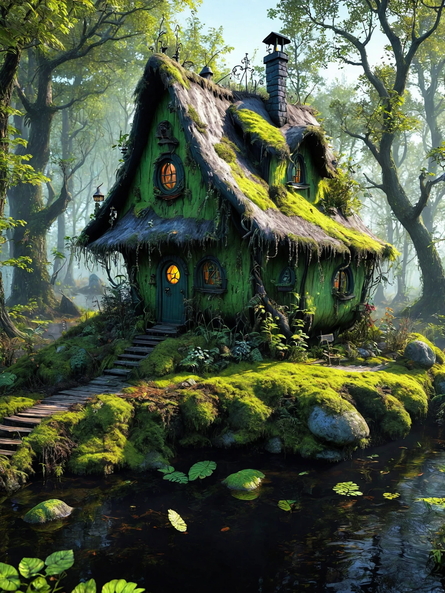 FRESHIDEAS Fantasy Cottage,Dark Forest,Black Magic,Black Elf's Little House,Mystery,Swamp,Crow,Fluorescence.,