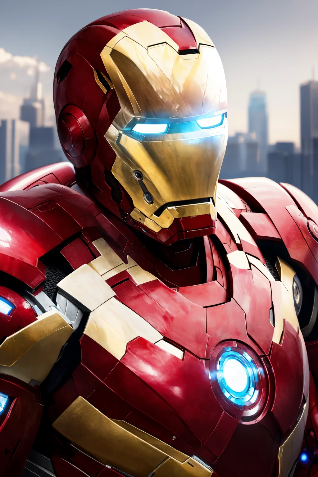 ((masterpiece)), ((best quality)), (ultra-detailed), absurdres, extremely detailed CG unity 8k wallpaper, RAW photo, wide shot, beautiful face, expressive eyes, looking at viewer, cowboy shot, solo, (skyscraper, scenery, dramatic lighting:1.1), standing, smile, (1boy, mature male:1.4), (iron man armor:1.3), , ((masterpiece)), absurdres, HDR, <lora:GoodHands-vanilla:1.0>