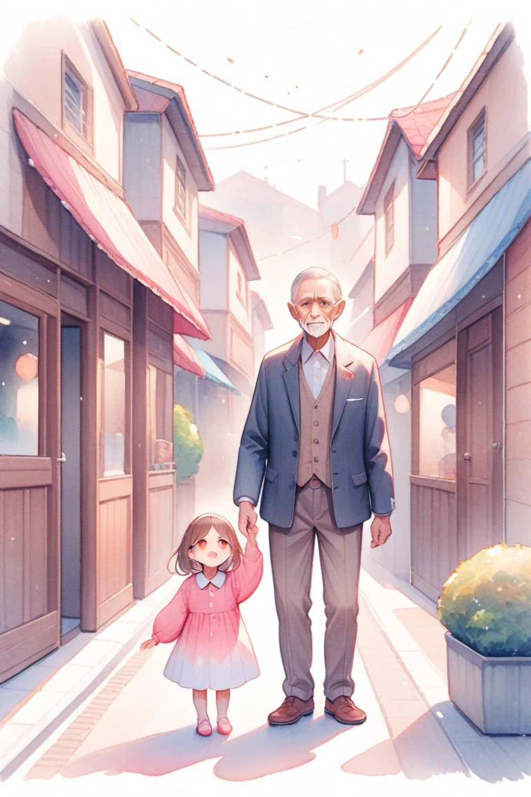 pencil style,watercolor,child_and_oldman\(1girl, 1old man\), girl,standing,<lora:child_and_oldmanXL16:1>,detailed eyes,street,