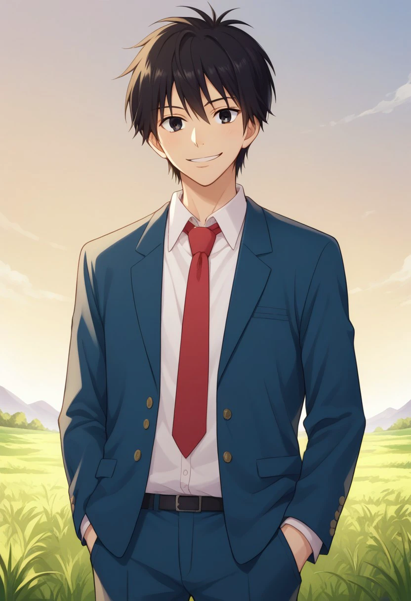 score_9, score_8_up, score_7_up, source_anime, highly detailed,
kazahaya, 1boy, male focus, solo, school uniform, necktie, winter uniform, black hair, red necktie, hand in pocket, blazer, jacket, pants, standing, black eyes, looking at viewer, smile, upper body,
outdoor, sky, grass,